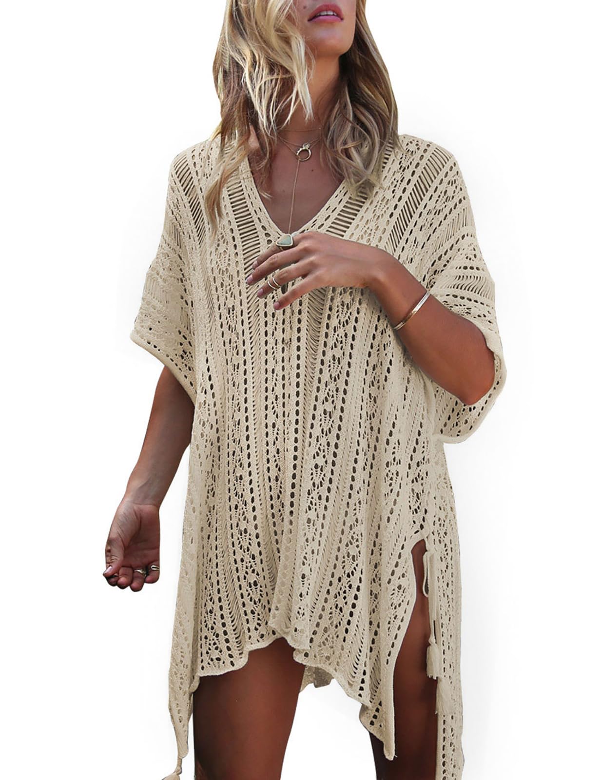 shermie Swimsuit Cover Ups for Women Short Sleeve V Neck Side Slit Loose Casual Mesh Knit Crochet Top
