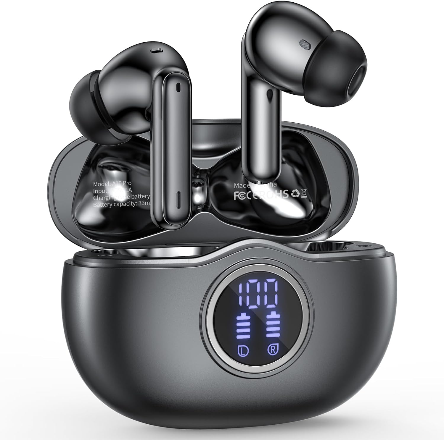 Wireless Earbuds Bluetooth 5.3 Headphones 40 Hrs Playtime with LED Display, Deep Bass Stereo and Noise Cancelling Bluetooth Earbuds HD Mics IPX7 Waterproof Ear Bud for iPhone and Andorid, Metal Black