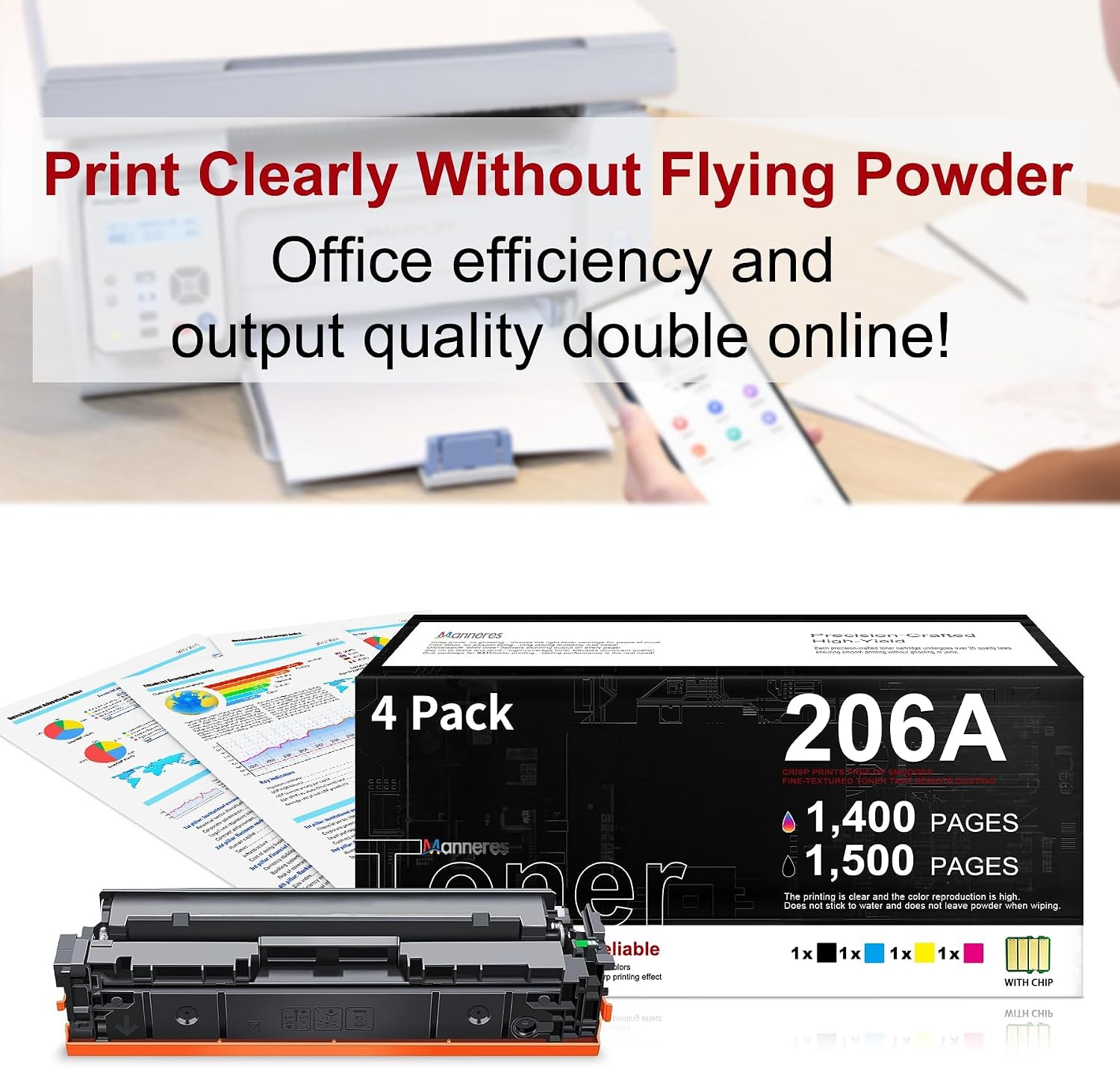 206A Toner Cartridge 4 Pack with Chip Replacement for HP 206A W2110A Works for Pro M255dw M255nw MFP M282nw M283 Series Printers Black Cyan Yellow Magenta