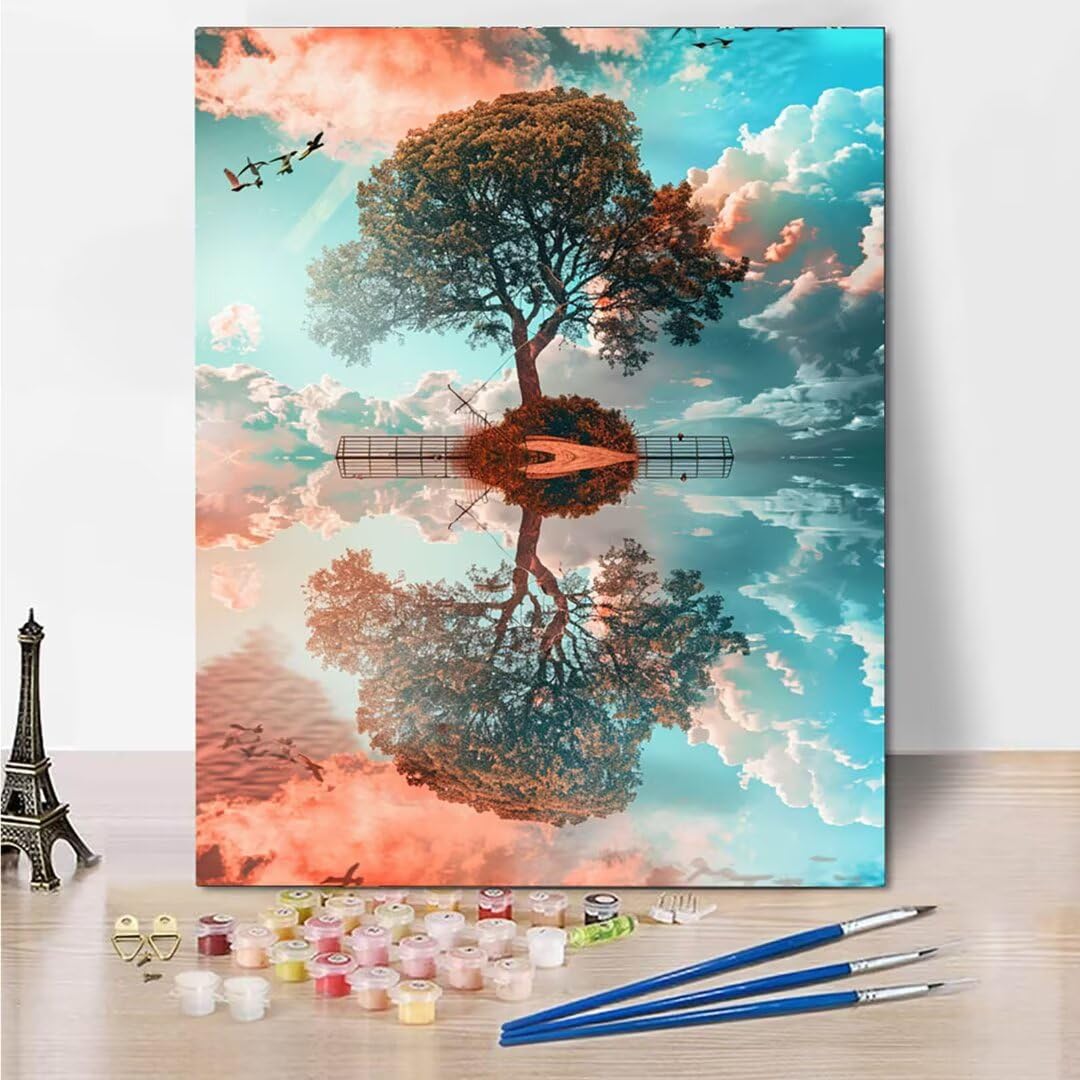 RNXAOPEN Numéro d’Art grand format – Lake Tree – Loisir créatif – Kit de Peinture par NuméRos – Activité détente et créative – Dès 175 ans 70x95cm – Version française 4164-X
