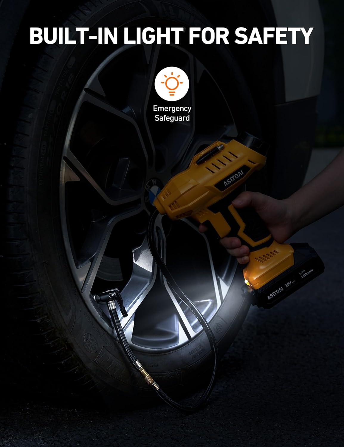 AstroAI Cordless Tire Inflator Air Compressor 20V Rechargeable Battery Powered 160PSI Portable Air Pump with 12V Car Power Adapter Digital Pressure Gauge for Cars Motorcycles JY16P160-18（C2）Yellow - Image 6
