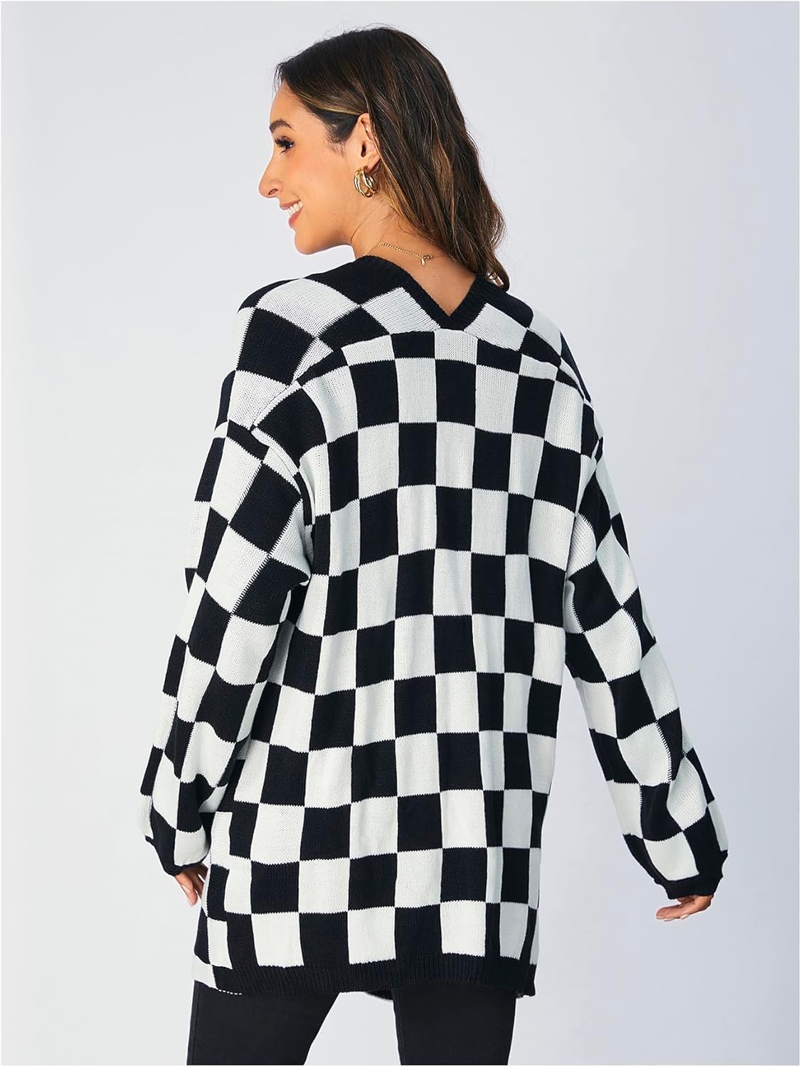 SOLY HUX Women's Long Sleeve Oversized Sweater Checkered Cardigan Open Front Outerwear Tops - Image 2