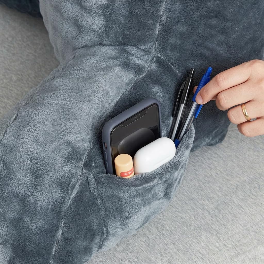 Reading Pillows for Sitting in Bed Kids/Teens/Adults, Velvet Back Pillow Bed Sitting Up, Back-Rest Support Cushion for Sit Up on Couch, Sofa, and Floor, Dorm Essentials (Grey, Standard)