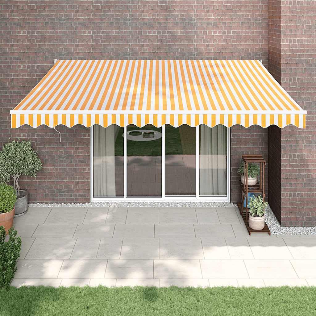 Store enrouleur rétractable jaune et blanc 4x3m avec manivelle en aluminium pour terrasse