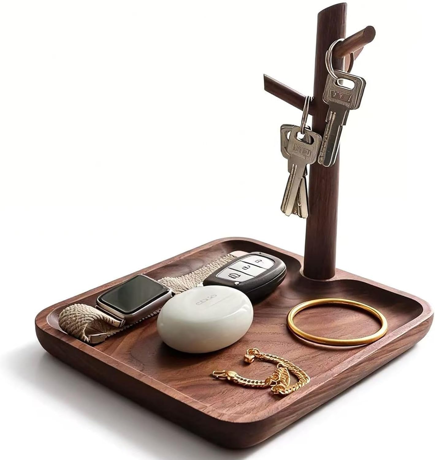 Solid Black Walnut Wooden Key Tray, Multi-Functional Key Bowl for Entryway Table, Key Holder Stand equipped with 3 Hooks, Wood Dish for Wallet,Watch,Mobile Phone and Jewelry Organizer