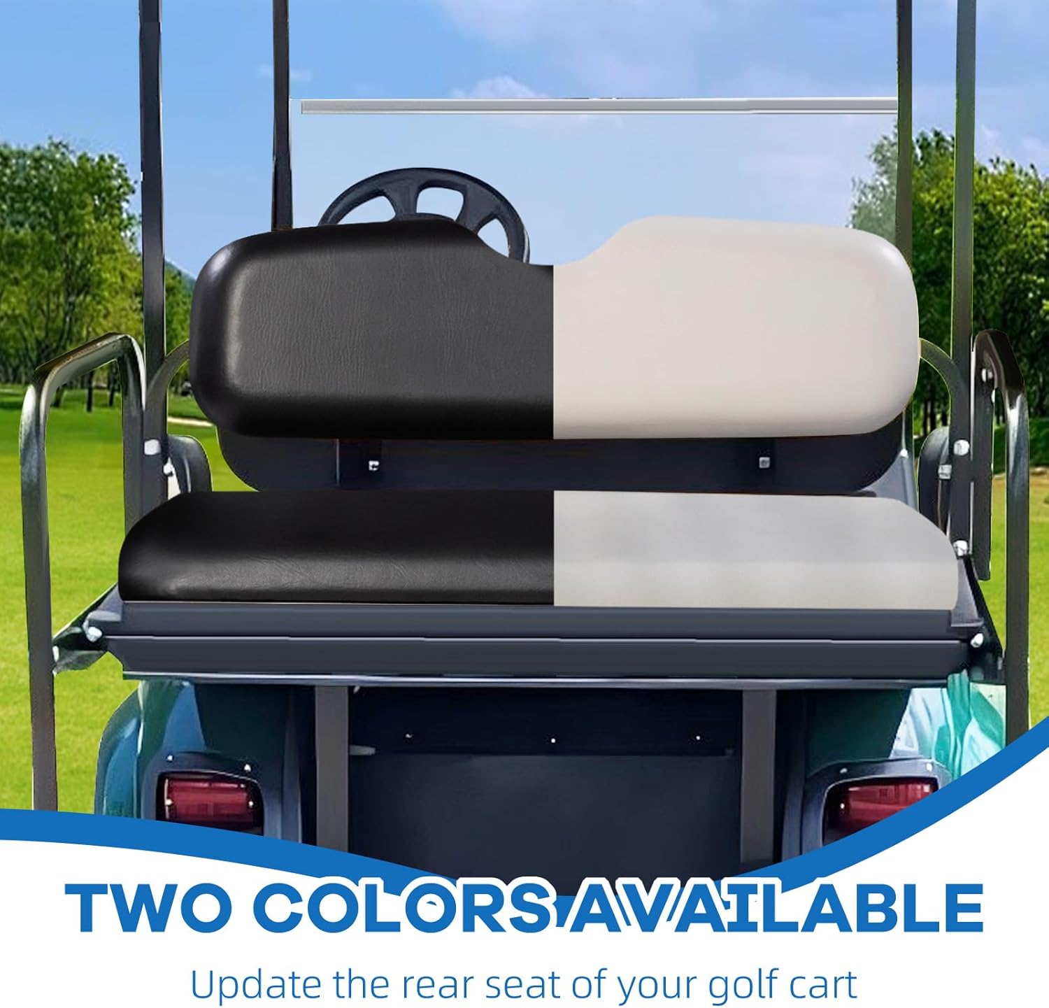 Golf Cart Rear Flip Seat Kit for Yamaha Drive (G29) 2007-2016, Stone Color Cushions, Black Powder-Coated Frame, Plastic footrest, Cooler Box Cutout