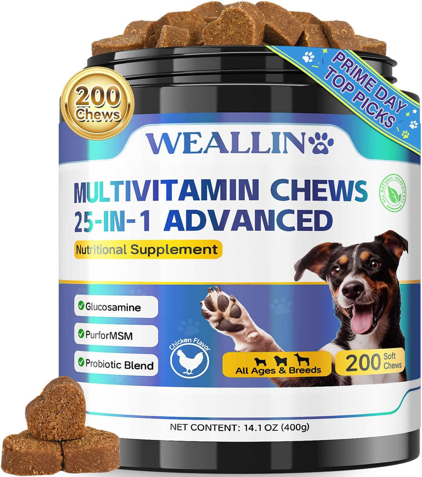 WEALLIN 25-in-1 Multivitamin Supplements for Dogs - Multi-Vitamin Treats For Dogs Multivitamin Chewable Dog Vitamins For Heart,Skin,Coat,Natural Balance,Digestion for All Ages 200 Chews Chicken Flavor