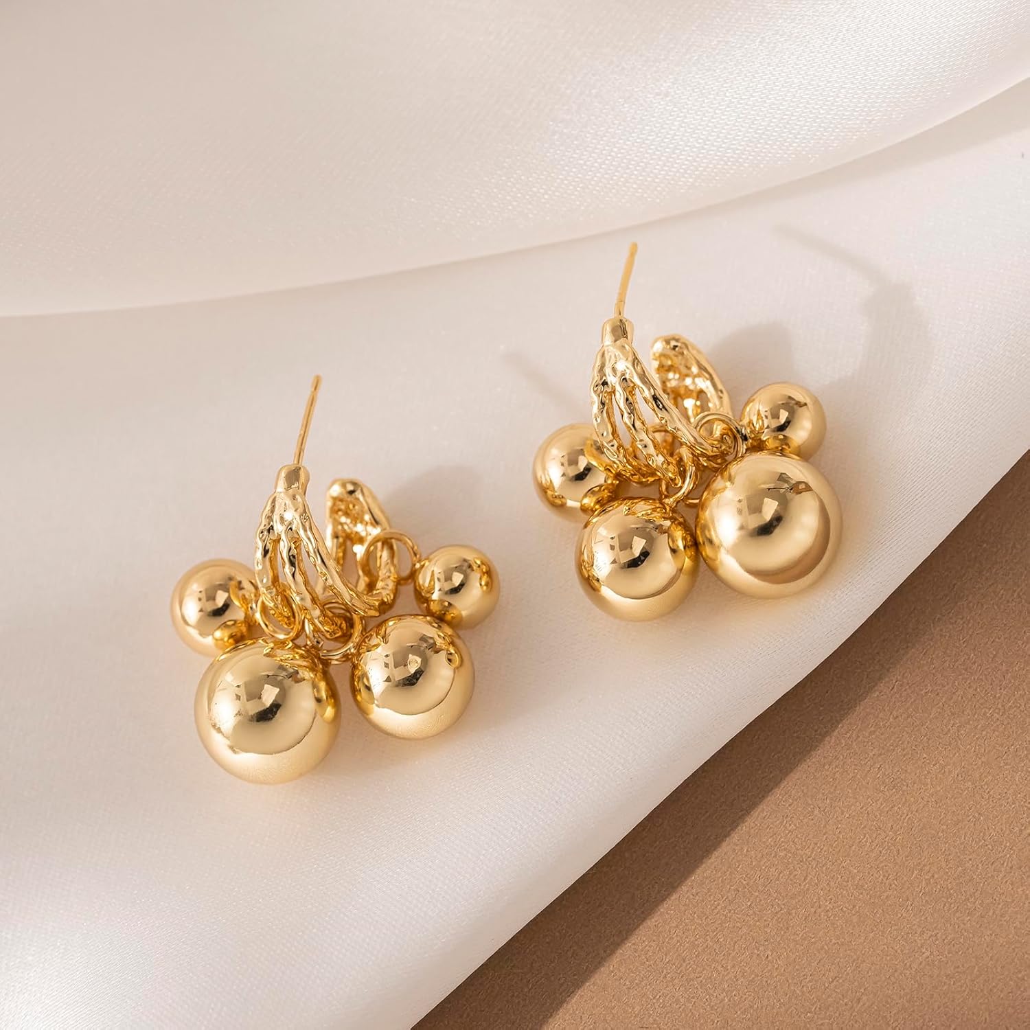 Chunky Ball Dangle Hoop Earrings for Women,14k Gold Plated Statement Dangling Tassel Metal Brass Ball Bead Jewelry Earrings For Formal Party Prom - Image 3