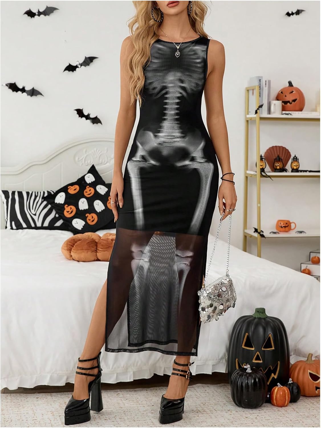 SHENHE Women's Sleeveless Goth Long Dress Bodycon Tie Dye Skeleton High Slit Maxi Tank Dress - Image 4