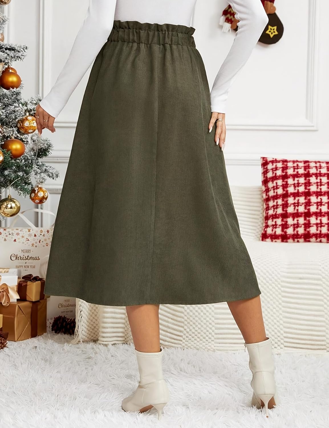 IDEALSANXUN Womens Corduroy Skirts Fall Winter High Waisted A Line Pleated Midi Skirt - Image 4