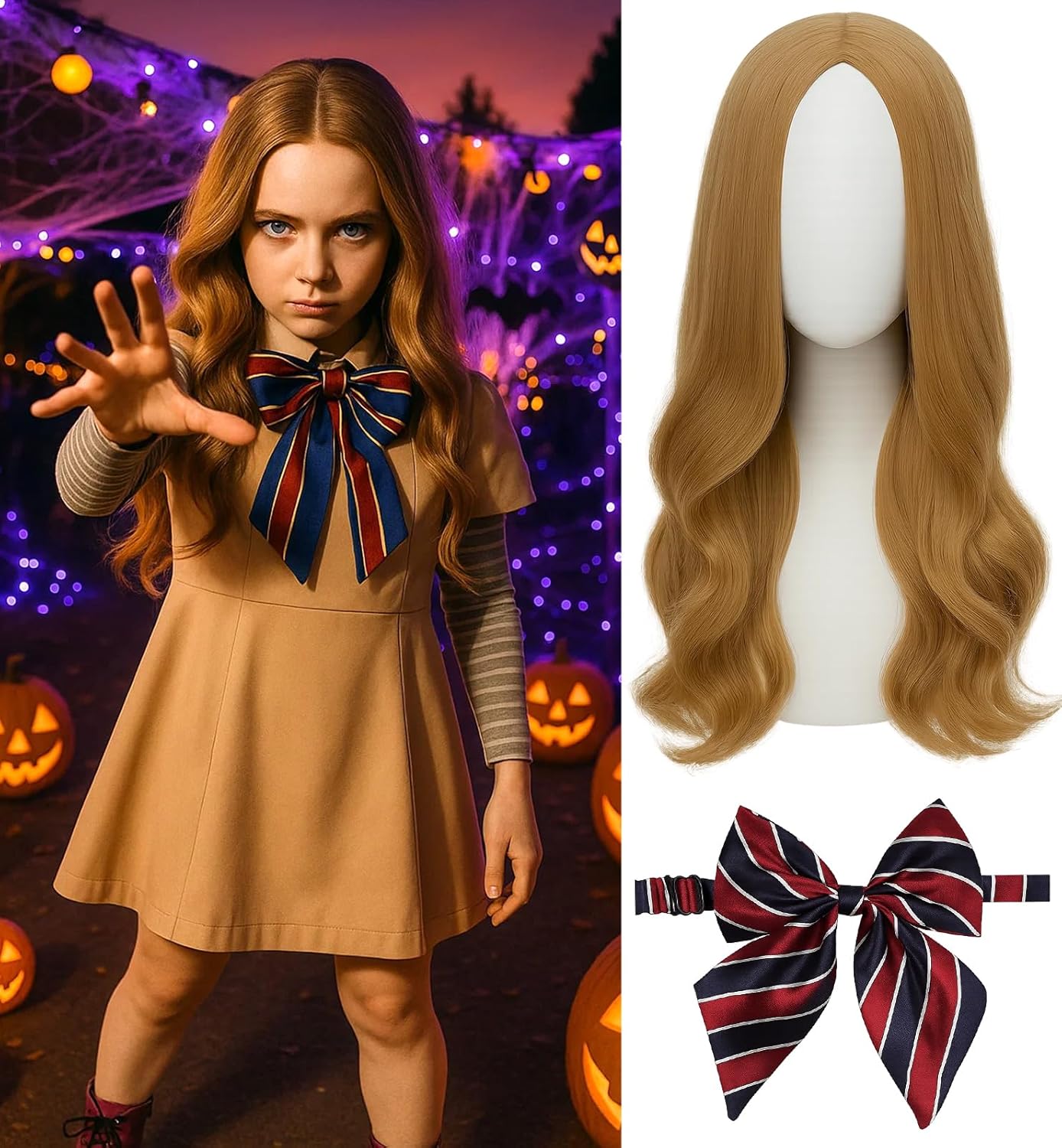 Swooflia Blonde Wavy Wig for Women & Cosplay Accessories - Convenient Set Includes Adjustable Wig Cap, Bow Tie, Cosplay Wig for Halloween, Costume, Party and Daily Use (Wig-29) M3G-Brown
