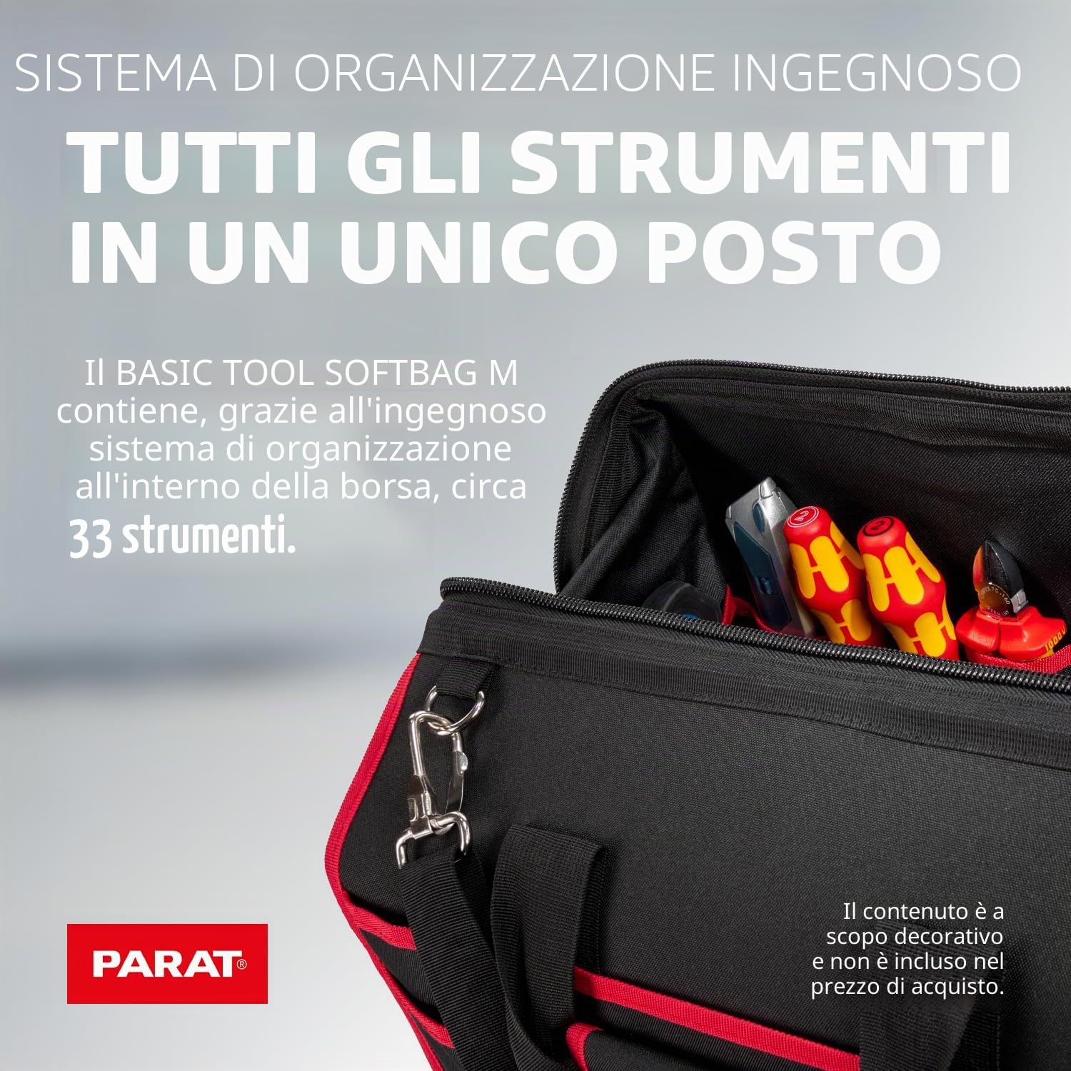PARAT Basic Tool Softbag M | Borsa per attrezzi con volume di 25 l e 33 scomparti per attrezzi, robusta borsa per attrezzi in nylon con tracolla e maniglie, borsa per attrezzi professionale per