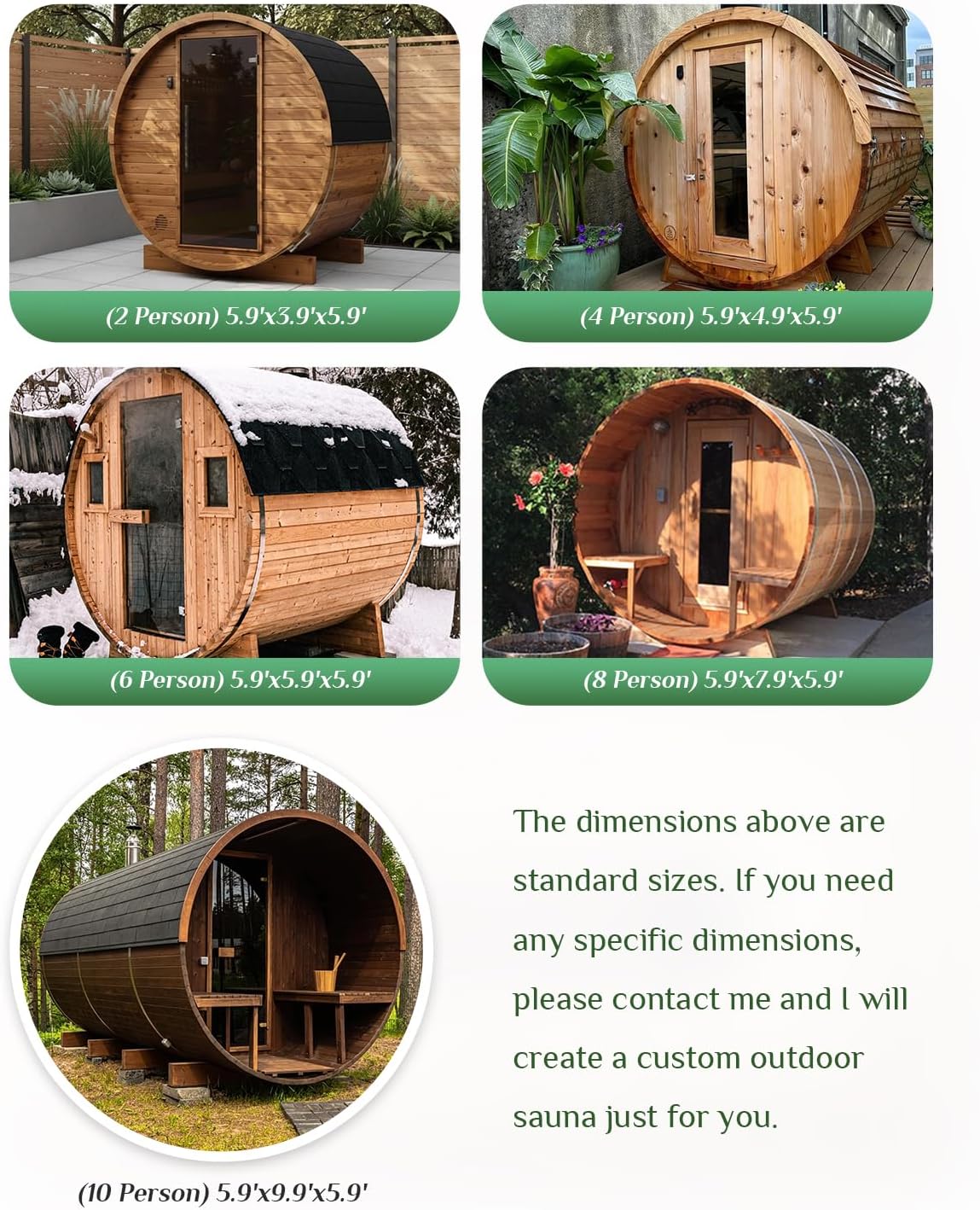 Customize Outdoor Barrel Sauna Rooms,2-10 Person Canadian Cedar Steam Barrel Saunas,Customization of Size, Color, Front and Rear Windows, roof, Porch, Heater, Interior, etc