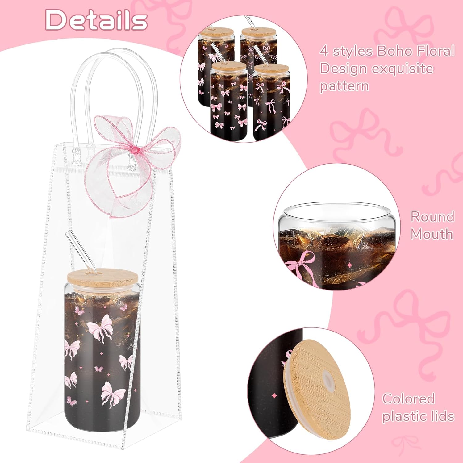 Mumufy 8 Sets Coquette Bow Glass Cups with Clear Gift Bag 16 oz Reusable Pink Iced Coffee Mugs Aesthetic Cute Tumbler with Lids and Straws, Gifts for Girls Women Bridesmaid - Image 3