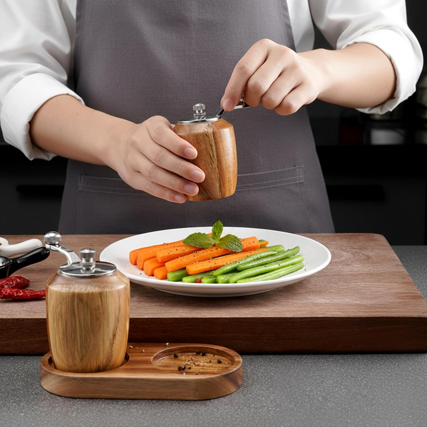Salt And Pepper Tray, Salt and Pepper Mill Tray, Acacia Wood Finamill Trays, Salt & Pepper Grinder Base With Cleaning Brush, Dining Table Protector (Not Included Mills)