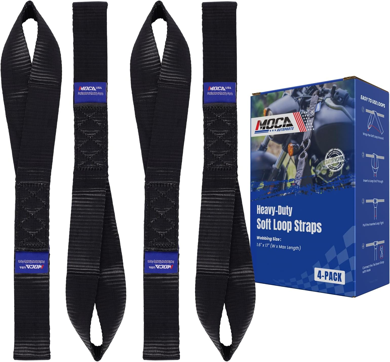 MOCA 4-Pack Soft Loop Tie Down Straps 12000 Lbs Breaking Strength 1.6 x 17 inches, Heavy Duty Tie Down Loops for Secure Trailering of Kayak, Motorcycles, ATV, UTV (4 Pieces, Black)
