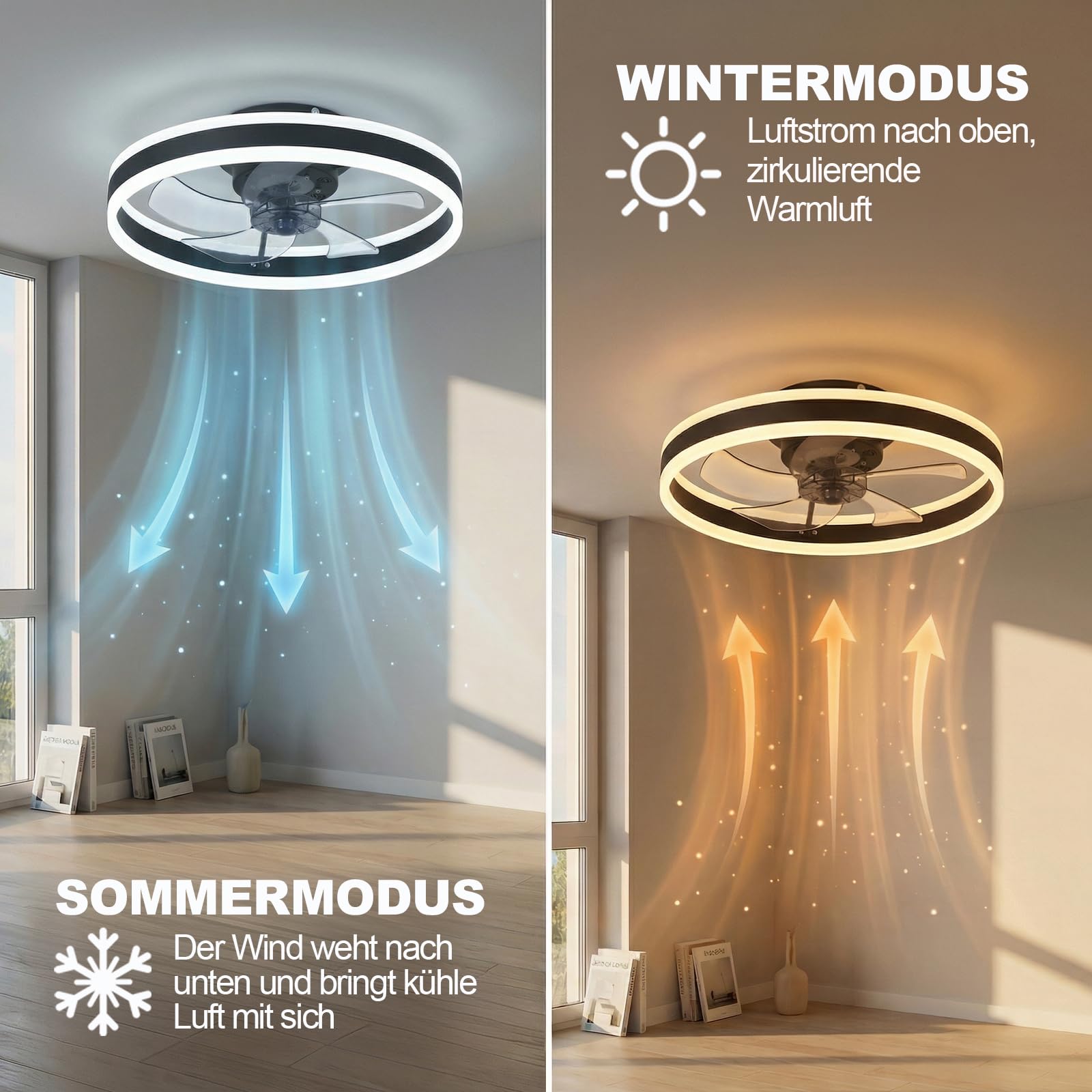 DATO Deckenventilator mit Beleuchtung, 3 Farbtemperatur und 6 Geschwindigkeiten, APP/Fernbedienung Leise Dimmbar, Schwarz, 50CM