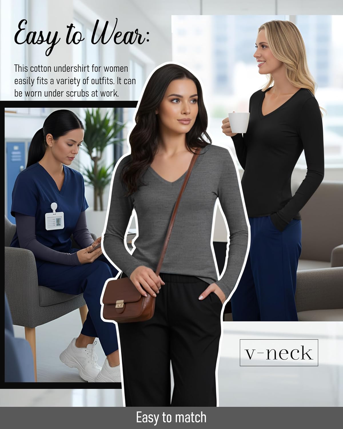 5 Pack Women's Long Sleeve Under Scrubs V Neck Fitted Undershirts Basic Layering Tops for Nurse - Image 6