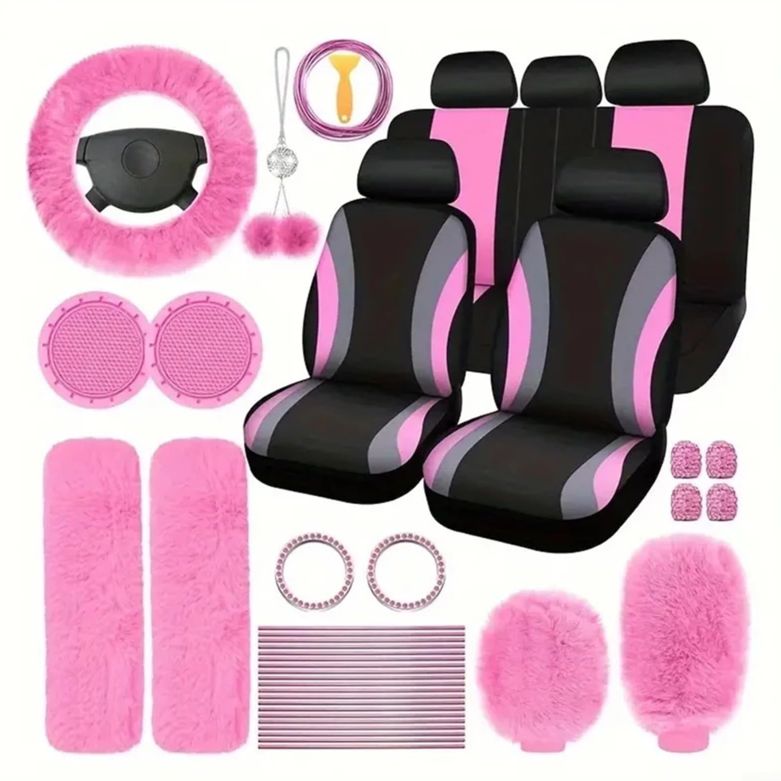 Set di 45 coprivolanti per auto in peluche per sedile e volante, accessori interni in morbida finta lana, facili da installare per la maggior parte dei veicoli (rosa)