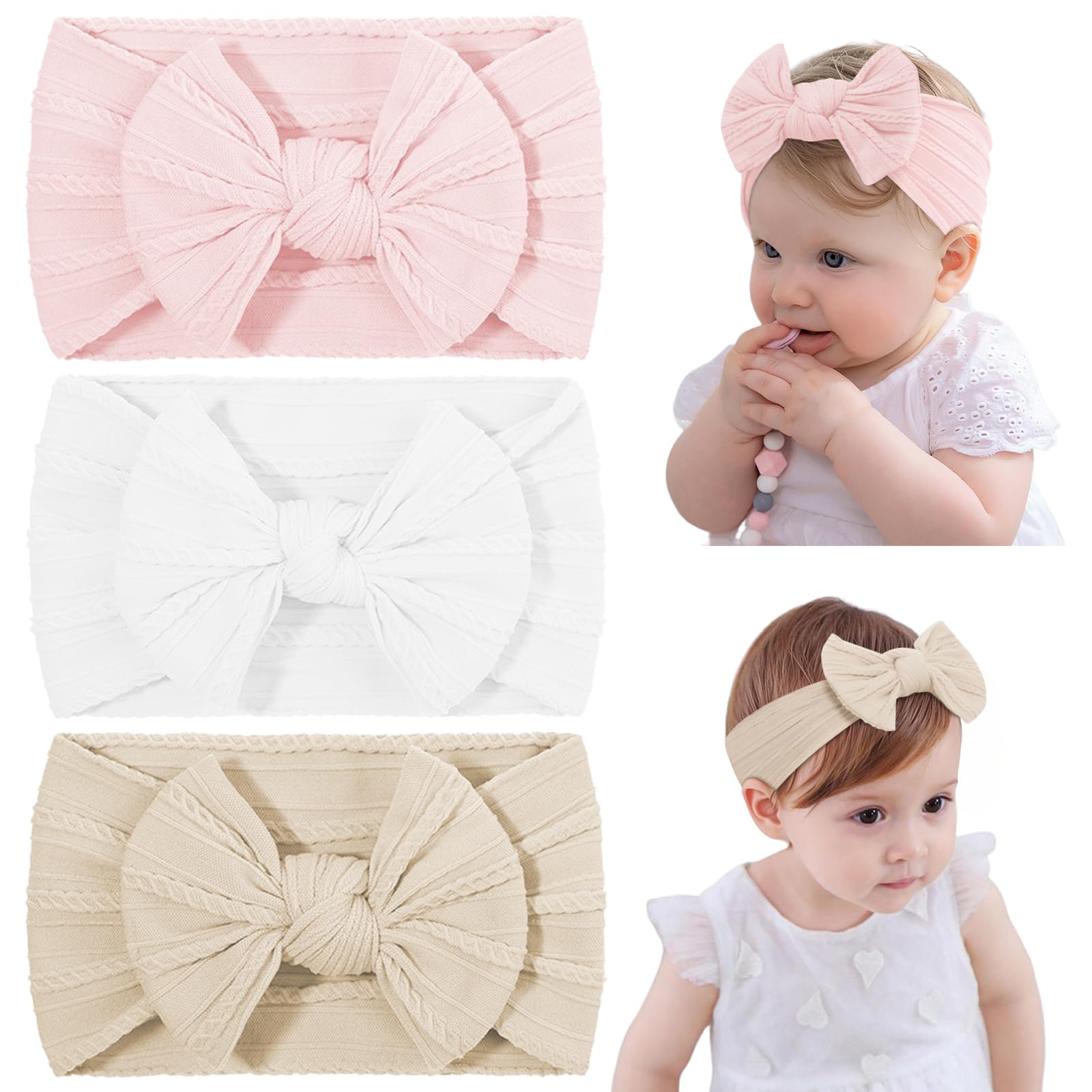 DiULi Baby Stirnbänder, 3 Stück Baby Turban Stirnband mit Bögen, Elastische Haarbänder für Neugeborene, Kleinkinder, Super Weiche (#1-29-42)