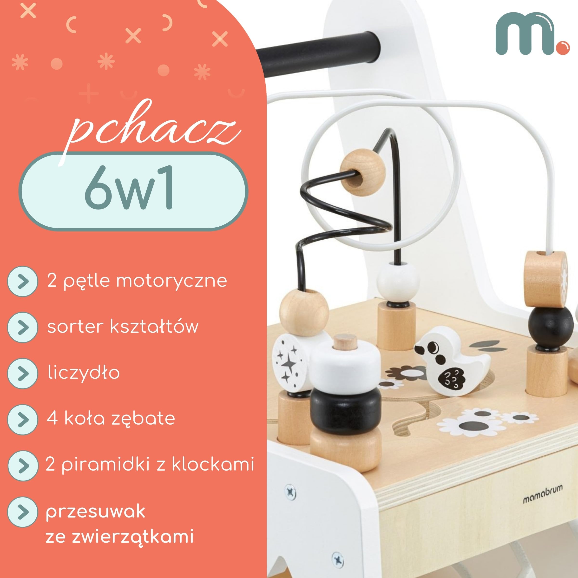 Mamabrum Caminadora y Andador Bebé 6 en 1 - Mesa Educativa de Madera con Ábaco, Engranajes y Juegos - Centro de Actividades para Primeros Pasos - 31 x 28 x 49 cm