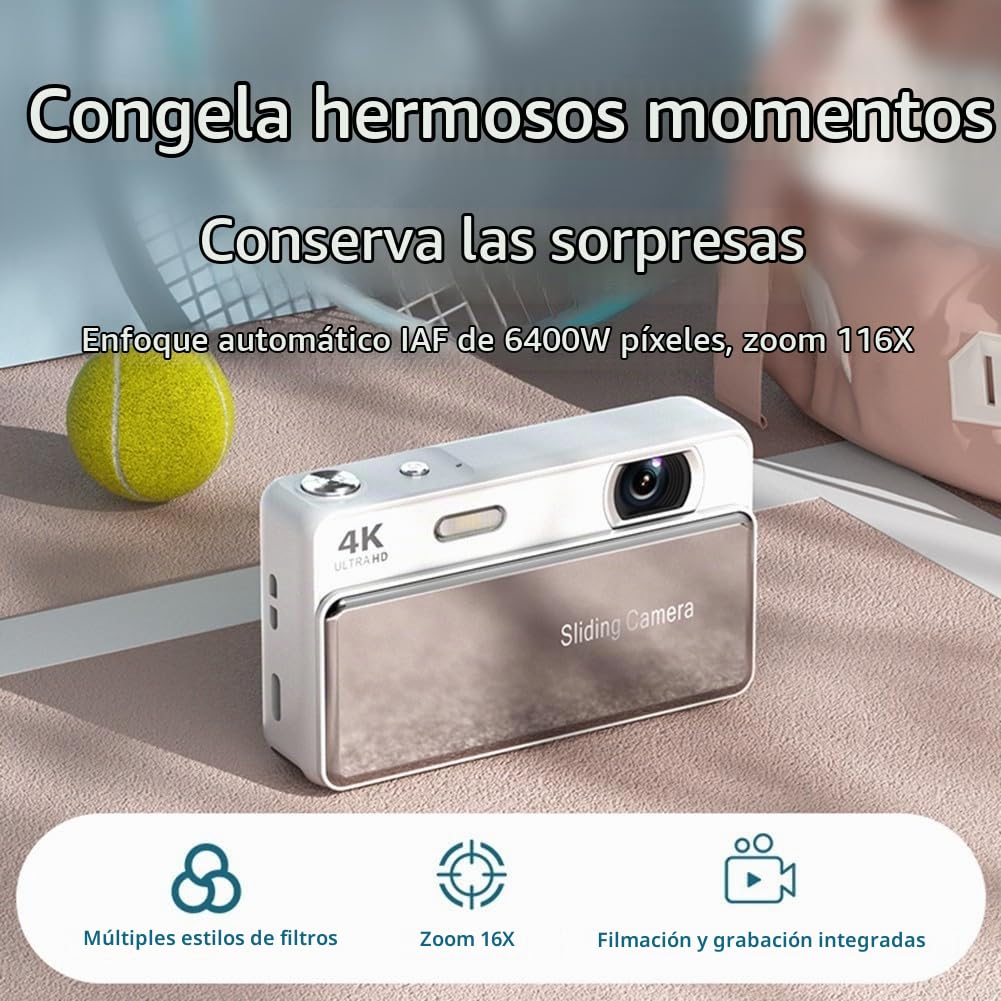 Cámara digital deslizante compacta 64mp con zoom digital 16x grabación de vídeo 4k pantalla HD de 2.8 pulgadas estabilización electrónica carga tipo-c cuerpo metálico para estudiantes entusiastas de