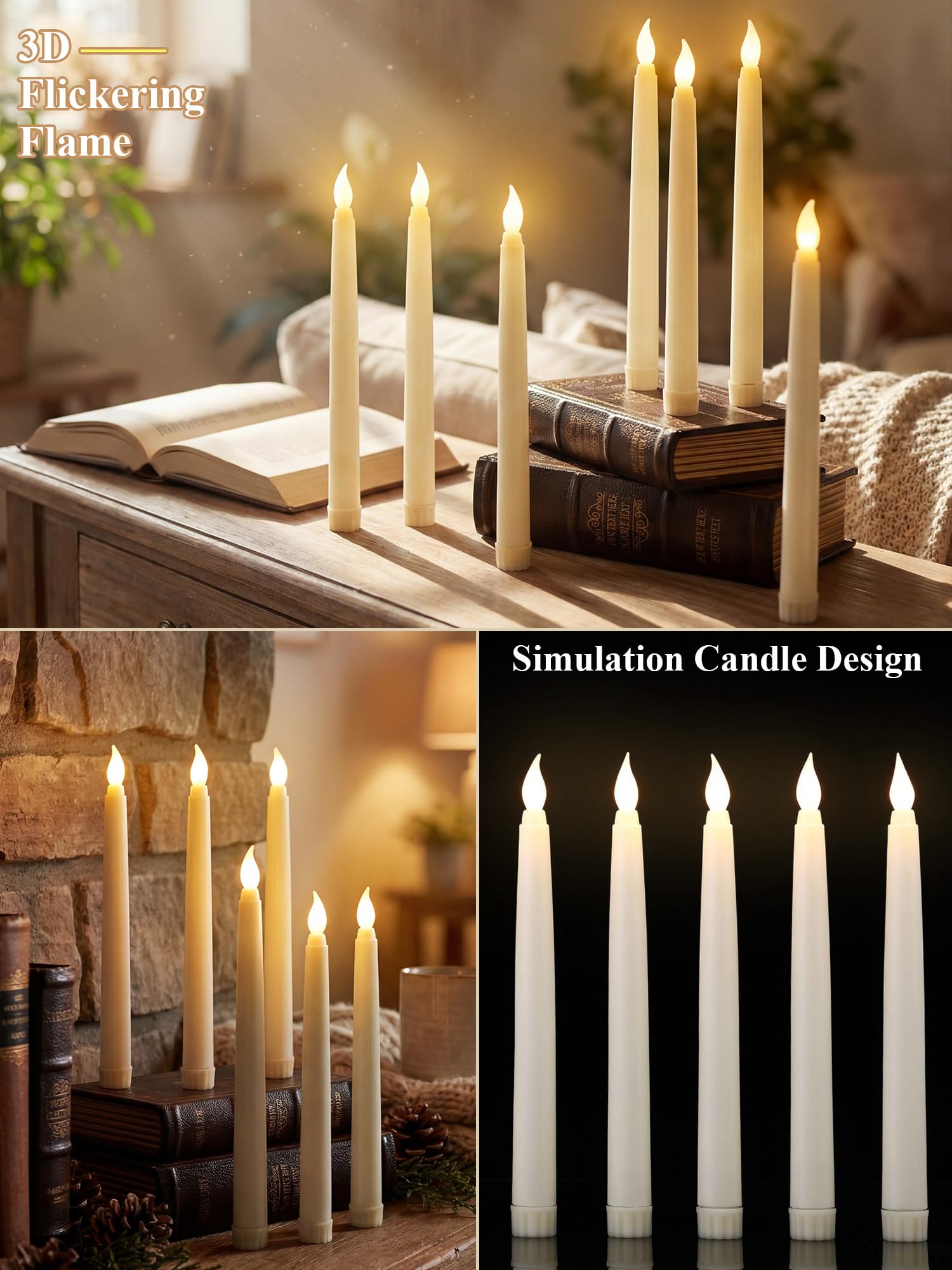 Treela 24 candele coniche senza fiamma, alimentate a batteria, a LED, tremolanti, affusolate, per decorazione anniversario di matrimonio (base, 20 cm, avorio)