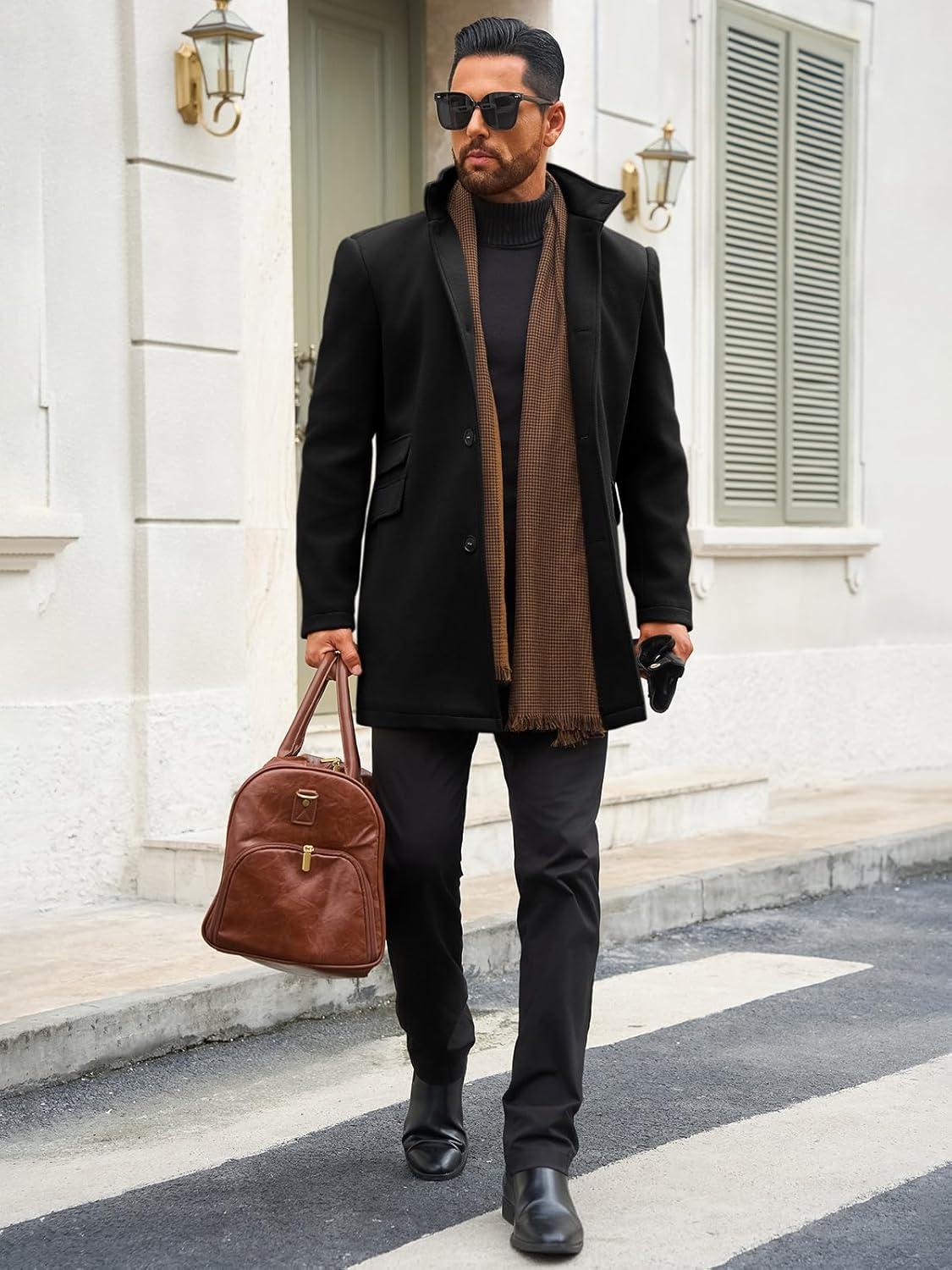 Classic Men's Black Overcoat and Turtleneck Look