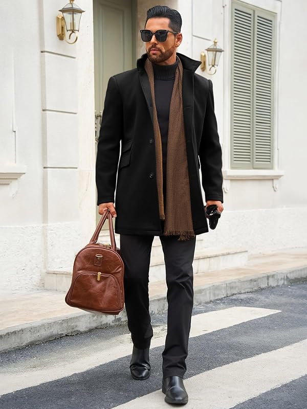 Runcati Mens Pea Coats Single Breasted Stand Collar Casual Slim Fit Trench Coat Mid Long Winter Overcoat with Pockets by Runcati - Image 4