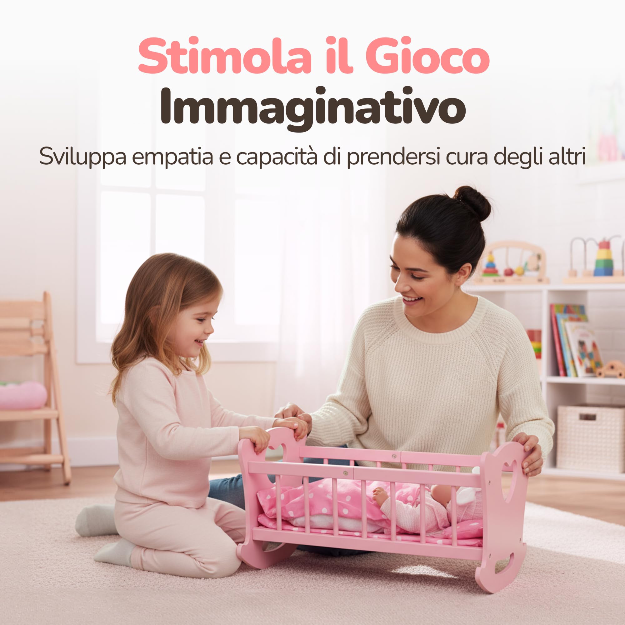Kinderplay Culla per bambole in legno con biancheria da letto, letto a dondolo per bambole fino a 49,5 cm, giocattolo sostenibile in legno per ragazze dai 3 anni in su, letto per bambole con materasso