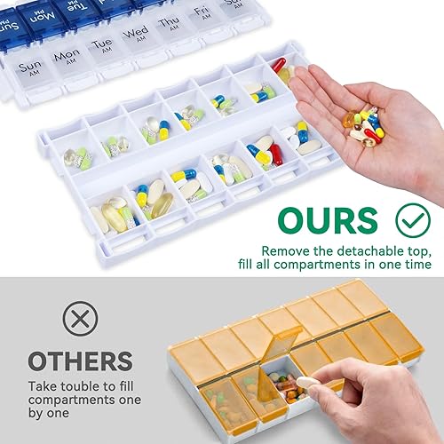Miniatura 2 de Organizador semanal de pastillas 2 veces al día, pastillero grande fácil de llenar 7 días, organizador de medicamentos Am Pm, pastillero diario con