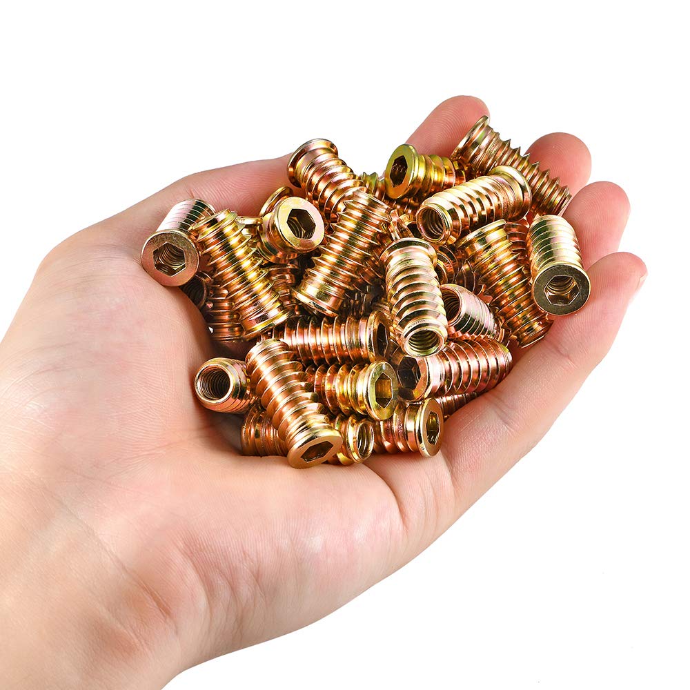 200Pcs 1/4"-20x25mm Hex Nut Inserts Wood Threaded Fastener for Furniture