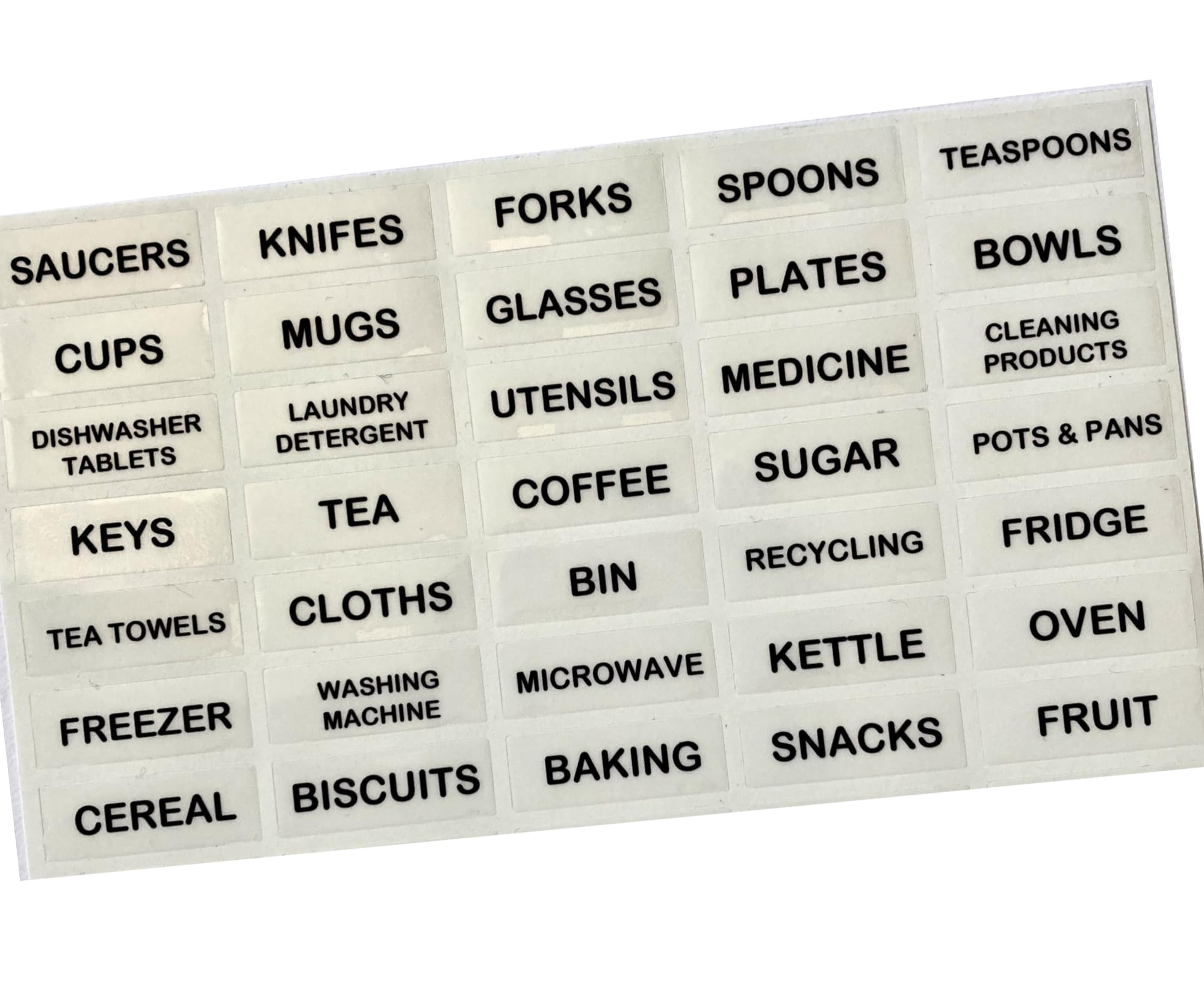 Clear Self-Adhesive Kitchen Shelf Edge Labels, Organisation Stickers for Pantry Cabinets and Cupboards, Easy to Read, 35 Pack, Elderly Support, Holiday Cottage Rental Accomodation, Dementia Aid