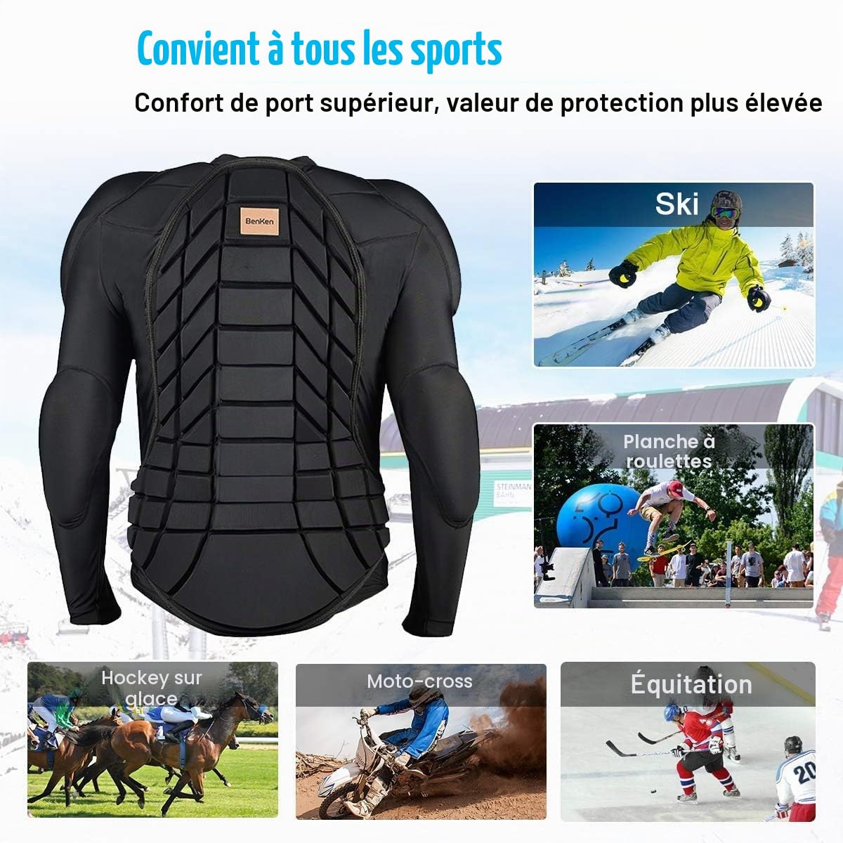 BenKen Ultra Léger Protection Gear Ski Armure de Corps Dos Protection Dos Extérieur Sports Anti-Collision Vêtements pour Snowboard Skateur Ski Equitation Motocross Moto - Court Ski Corps Armure