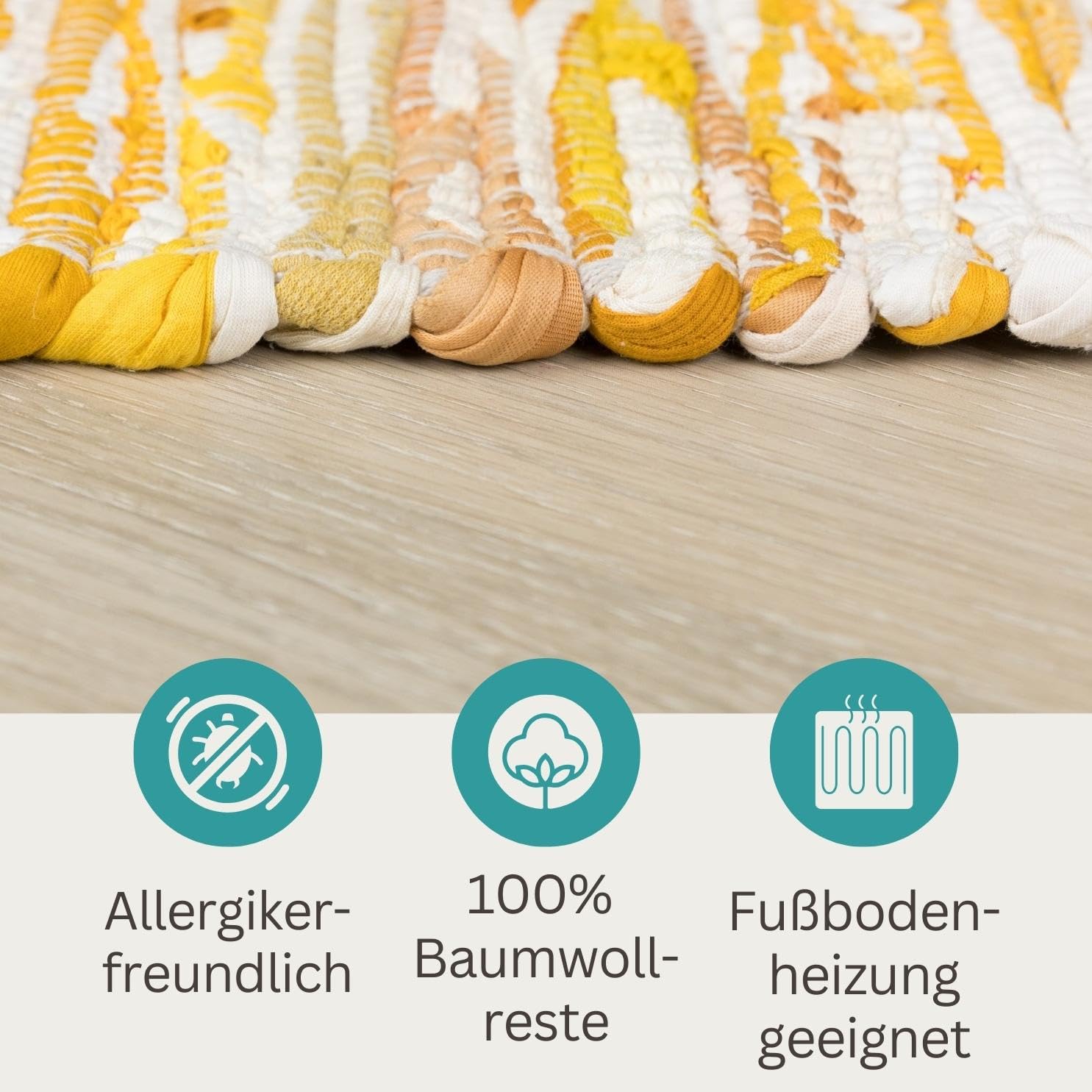 MY-RUG Handgewebter Baumwollteppich - Flickenteppich 140 x 200 cm - Gelb | Handgefertigter Fleckerlteppich aus recycelter Baumwolle, bunter Boho Teppich im Chindi-Stil, robust & wendbar