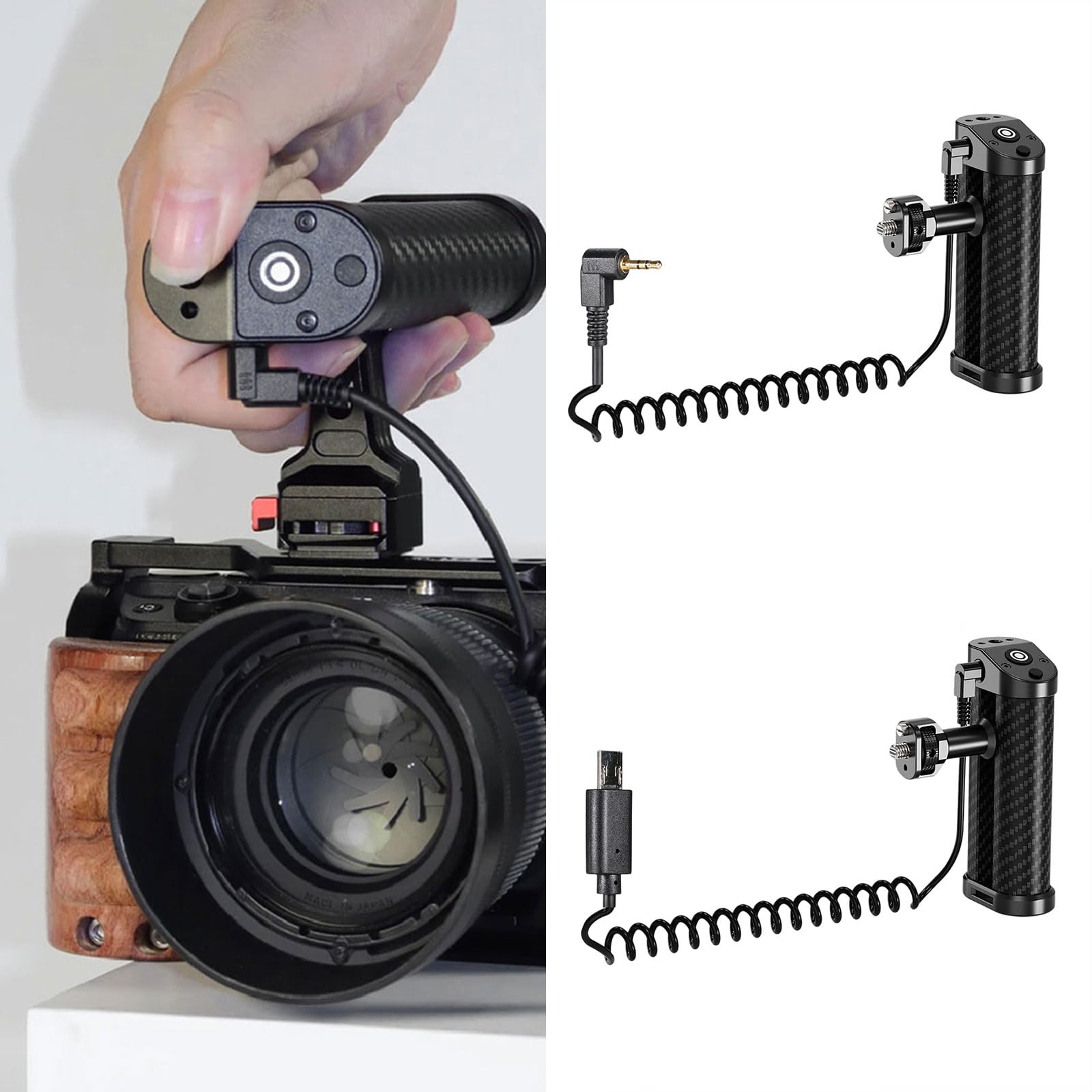 Impugnatura laterale per fotocamera a sgancio rapido con cuscinetto in gomma antiscivolo e interfacce con cavo da 2,5 mm per otturatore per riprese DSLR stabili, impugnature in lega di alluminio
