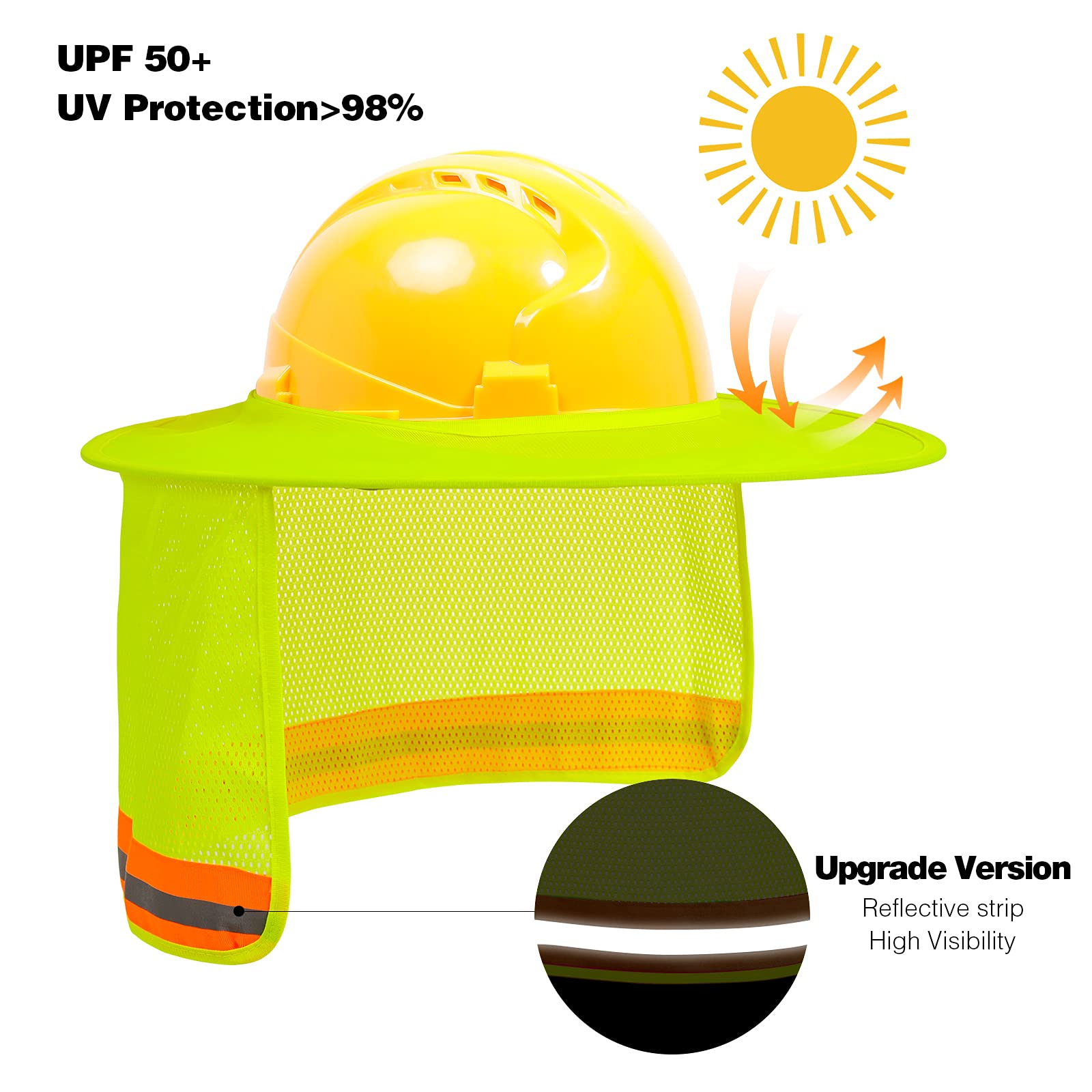 Sombrilla de sol de alta visibilidad con tira reflectante, accesorios de sombrero duro, ala completa, hombre y mujer (sombrero duro no incluido), amarillo, paquete de 4