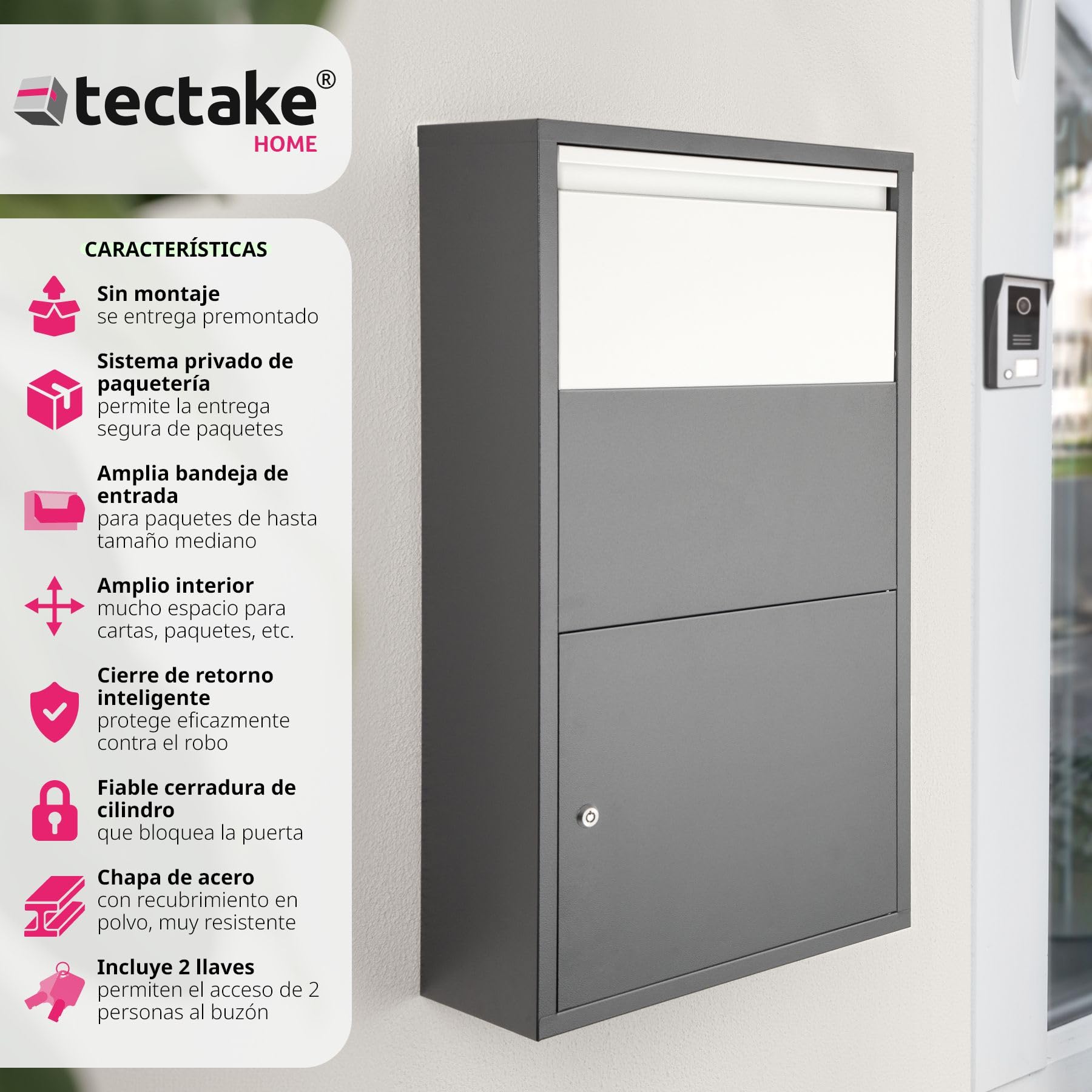 tectake® Buzón Exterior XXL, Buzón para Paquetes y Cartas, Cerradura de Cilindro Antirrobo con 2 llaves, Buzón Correos Premontado, Chapa de Acero, Robusto, Espacioso, 44x22x82 cm, Entrega sin Contacto