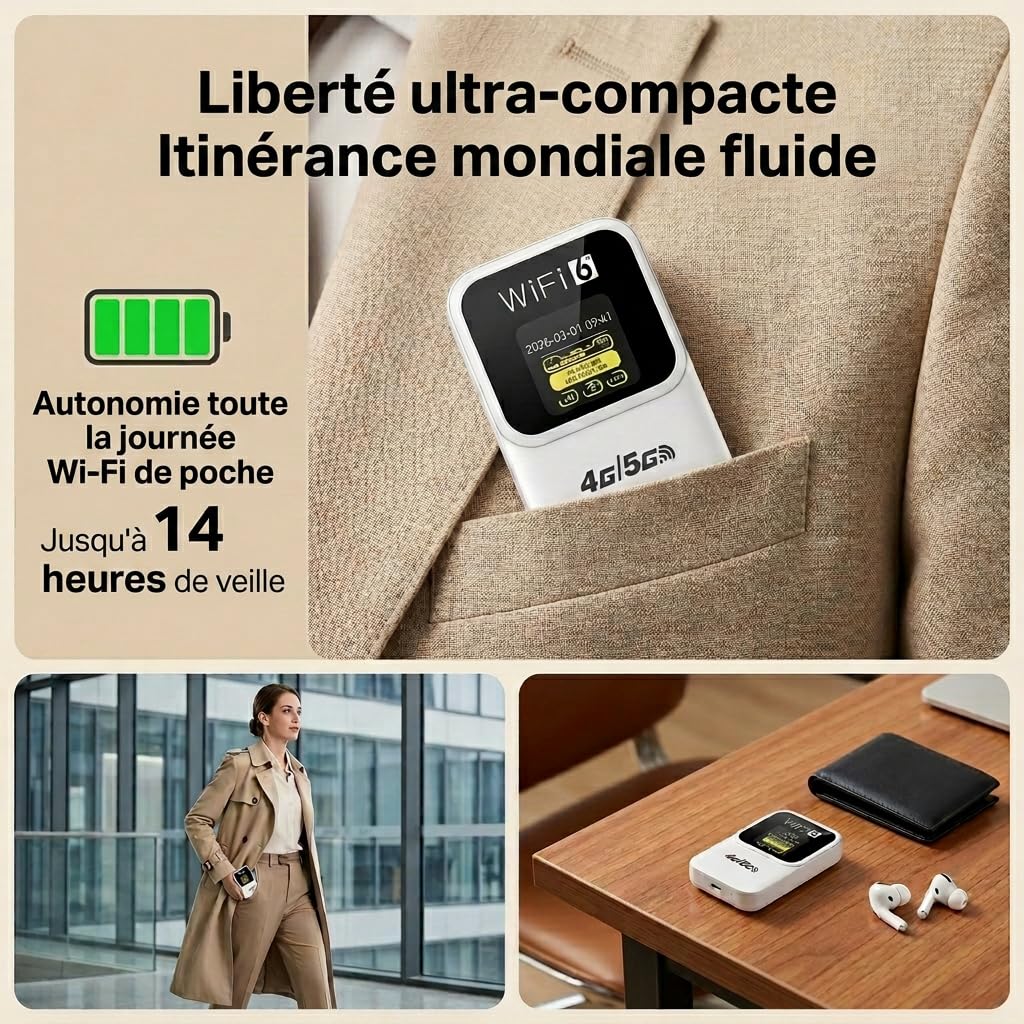 Routeur 5G Portable WiFi 6 Déverrouillé Modem Carte SIM Haut Débit 5G/4G+ 28 Appareils Voyage Télétravail