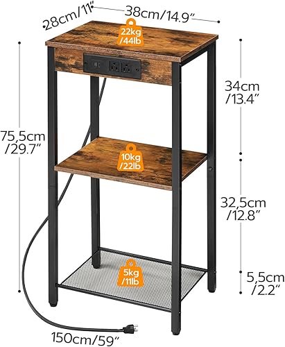Miniatura 3 de HOOBRO Mesas auxiliares altas con estación de carga, juego de 2, mesitas de noche de 30 pulgadas de alto, mesas laterales de 3 niveles con estantes