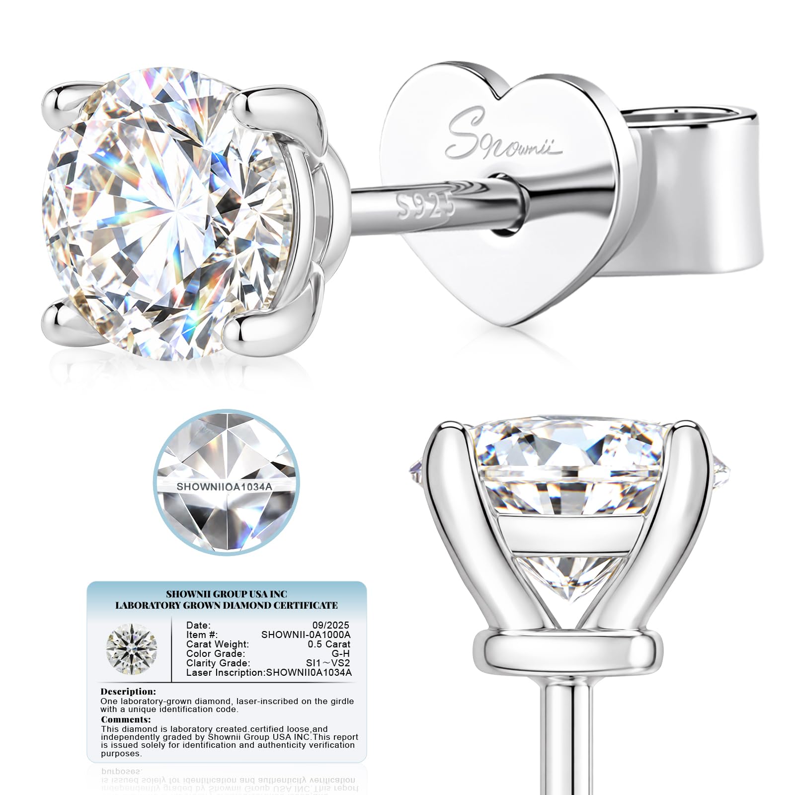 SHOWNII LAB GROWN Diamond Stud Earrings for Women 0.25CT - 1CT Push Back