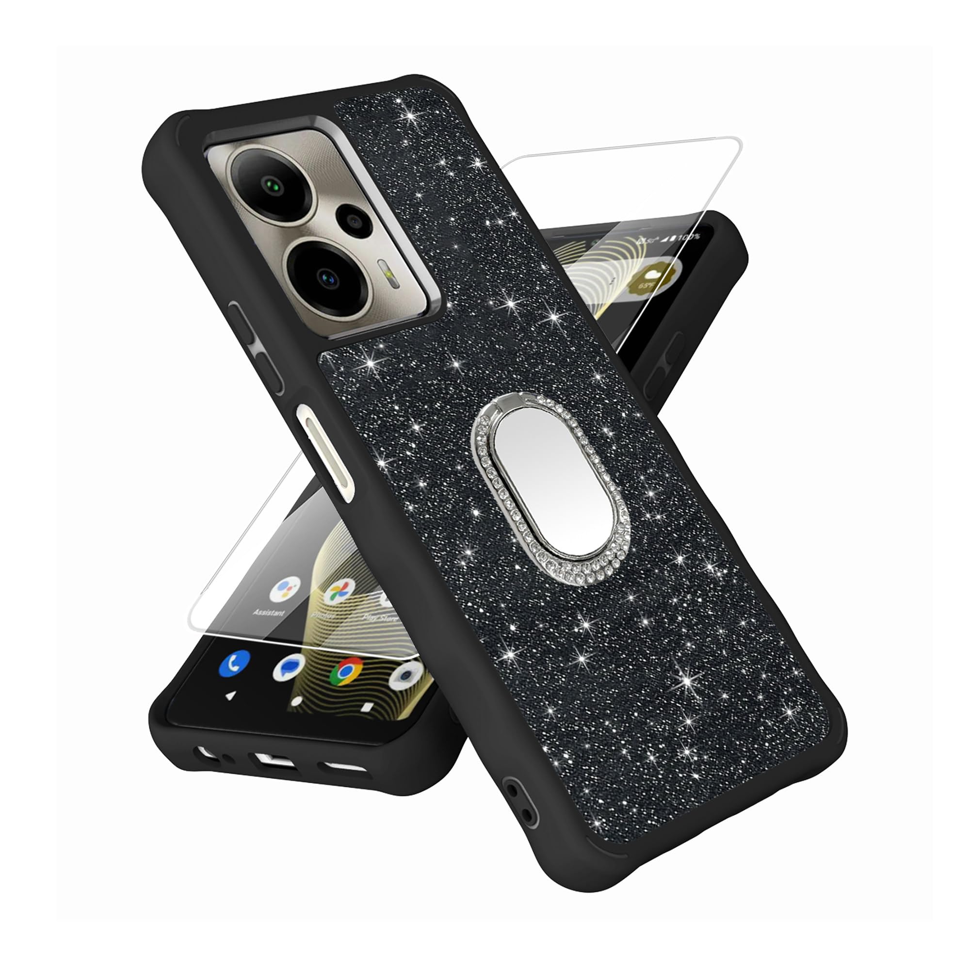 for Cricket Outlast 5G 2024 Case [with Tempered Glass Screen Protector][Mirror Ring][Glitter Powder] Compatible with AT&T Motivate Pro 5G Leather