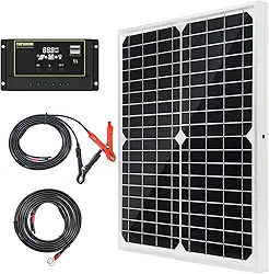 Kit Painel Solar 20W 12V Monocristalino com Controlador de Carga Solar 10A + Cabo de Extensão com Garras para Bateria e Terminal Olhal para Motorhome, Barco, Uso Marítimo e Sistema Off-Grid