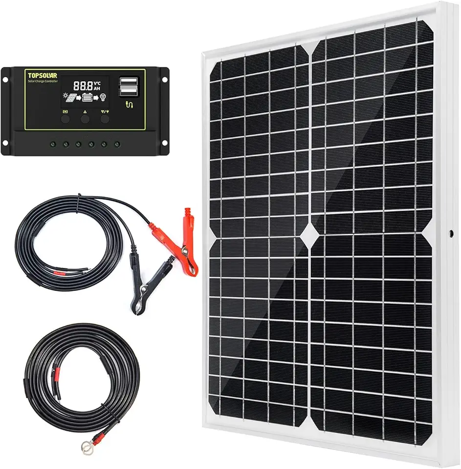 Kit Painel Solar 20W 12V Monocristalino com Controlador de Carga Solar 10A + Cabo de Extensão com Garras para Bateria e Terminal Olhal para Motorhome, Barco, Uso Marítimo e Sistema Off-Grid