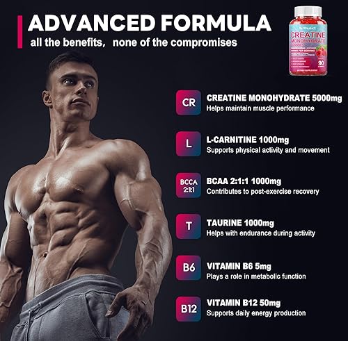 Miniatura 5 de Gomitas de monohidrato de creatina de 8000 mg con BCAA, L-carnitina, taurina y vitamina B12 - Suplemento preentrenamiento para crecimiento muscular,