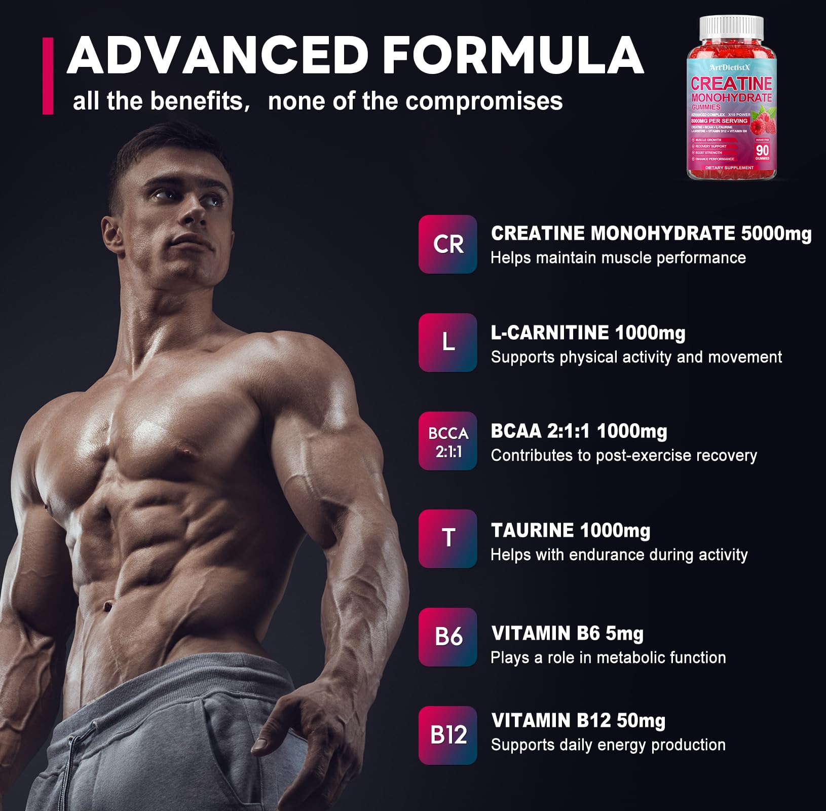Amazon.com: Creatine Monohydrate 5000mg Gummies with BCAA, L-Carnitine,  Taurine & Vitamin B12 - Pre Workout Supplement for Muscle Growth, Strength  & Energy
