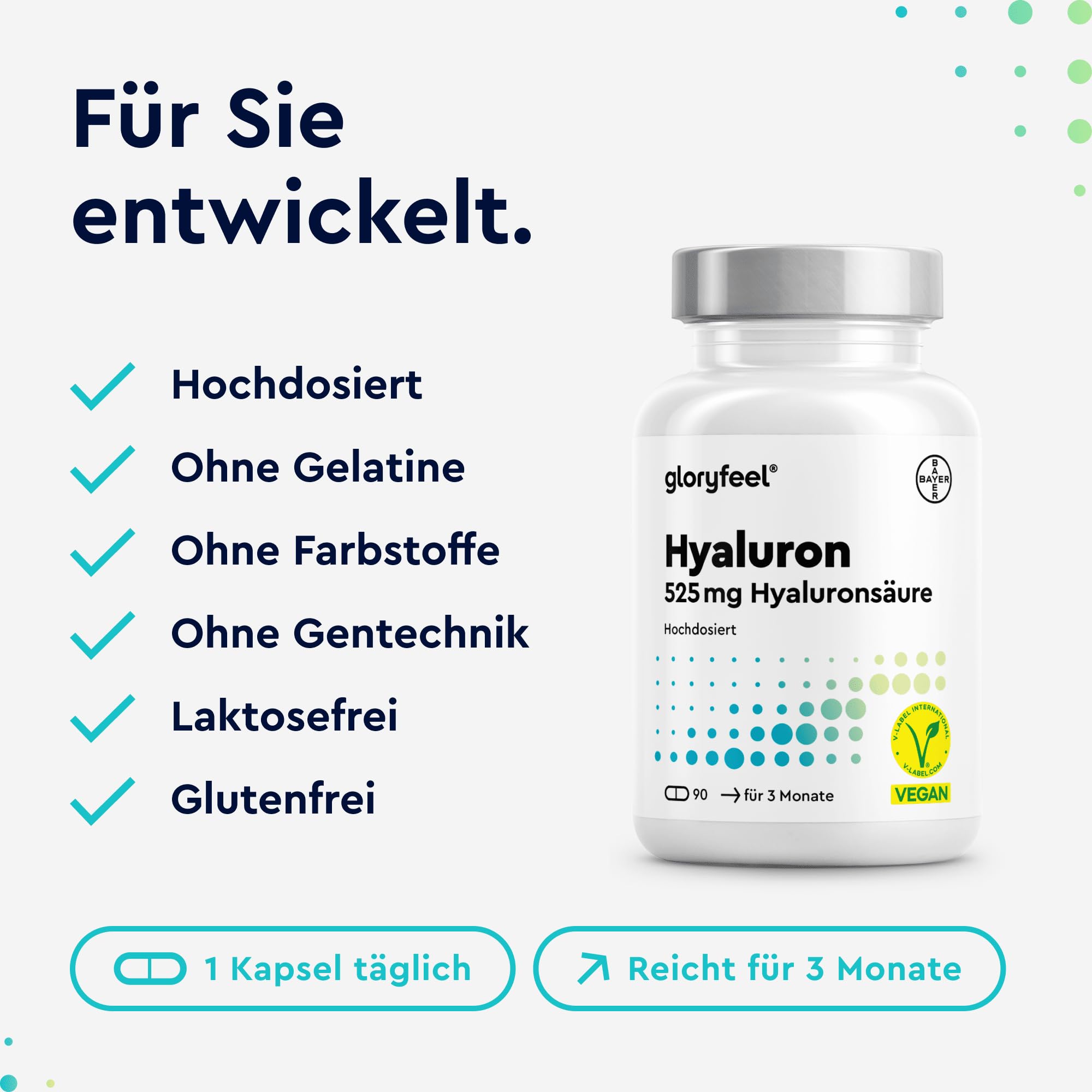 Hyaluron Kapseln Hochdosiert - 525mg Hyaluronsäure pro Kapsel - 500-700 kDa - 90 vegane Kapseln - Laborgeprüft, ohne Zusätze in Deutschland hergestellt