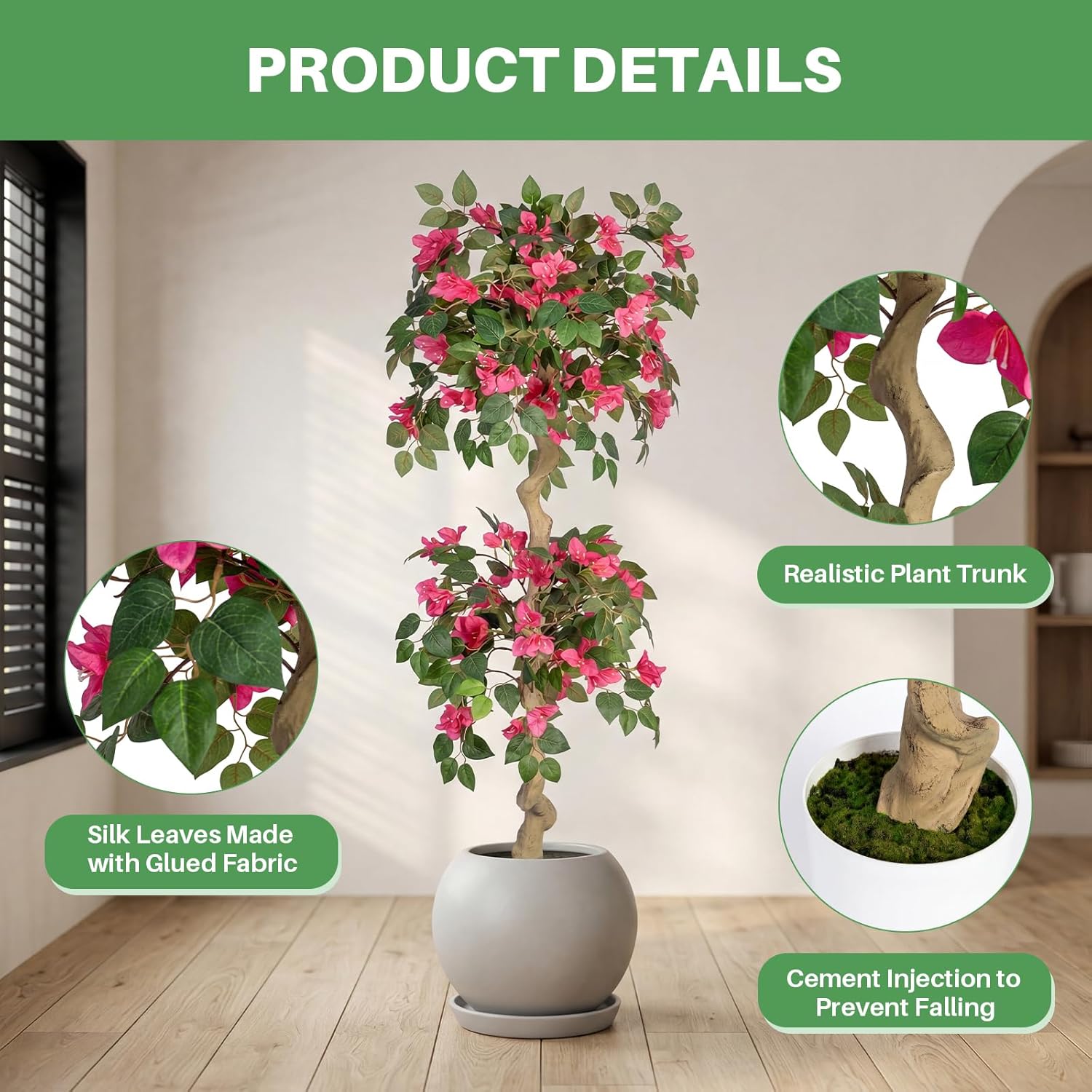 5FT Artificial Bougainvillea Tree, Tall Faux Flowering Plant with Realistic Pink Silk Flowers for Indoor Outdoor Home, Living Room, Porch, Patio Decor
