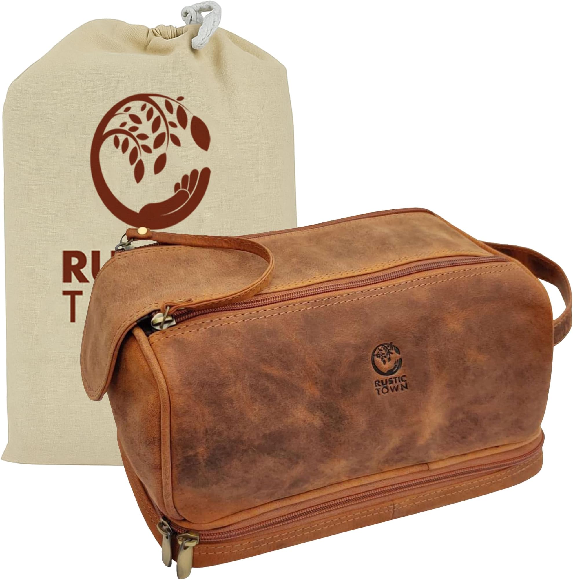 Genuine Leather Travel Toiletry Bag - Dopp Kit Organizer (Brown)