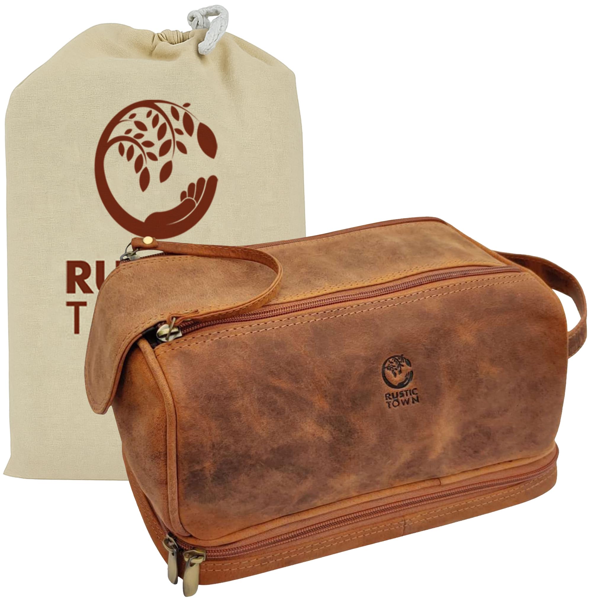 RUSTIC TOWN Genuine Leather Travel Toiletry Bag - Dopp Kit Organizer (Brown)